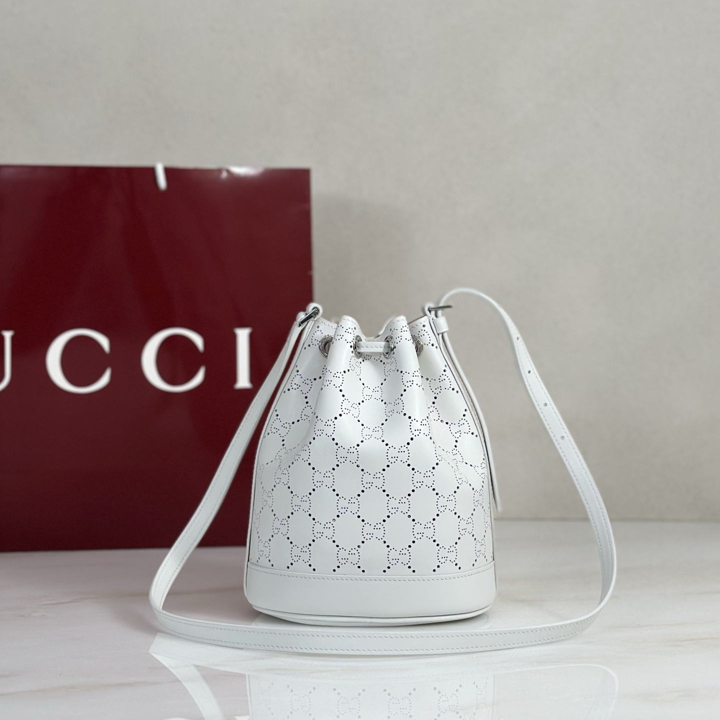 G*ucci Venice Small Bucket Bag In White GG Leather-15.5*19.5*10.5CM