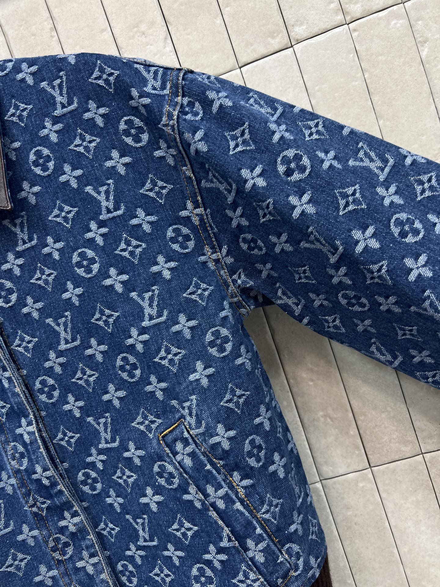 L*V Denim Jacket with Leather Collar & Panels