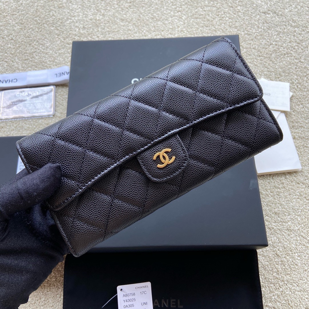 Ch**el FLAP WALLET GRAINED LEATHER BLACK GOLD 19.5 x10 cm