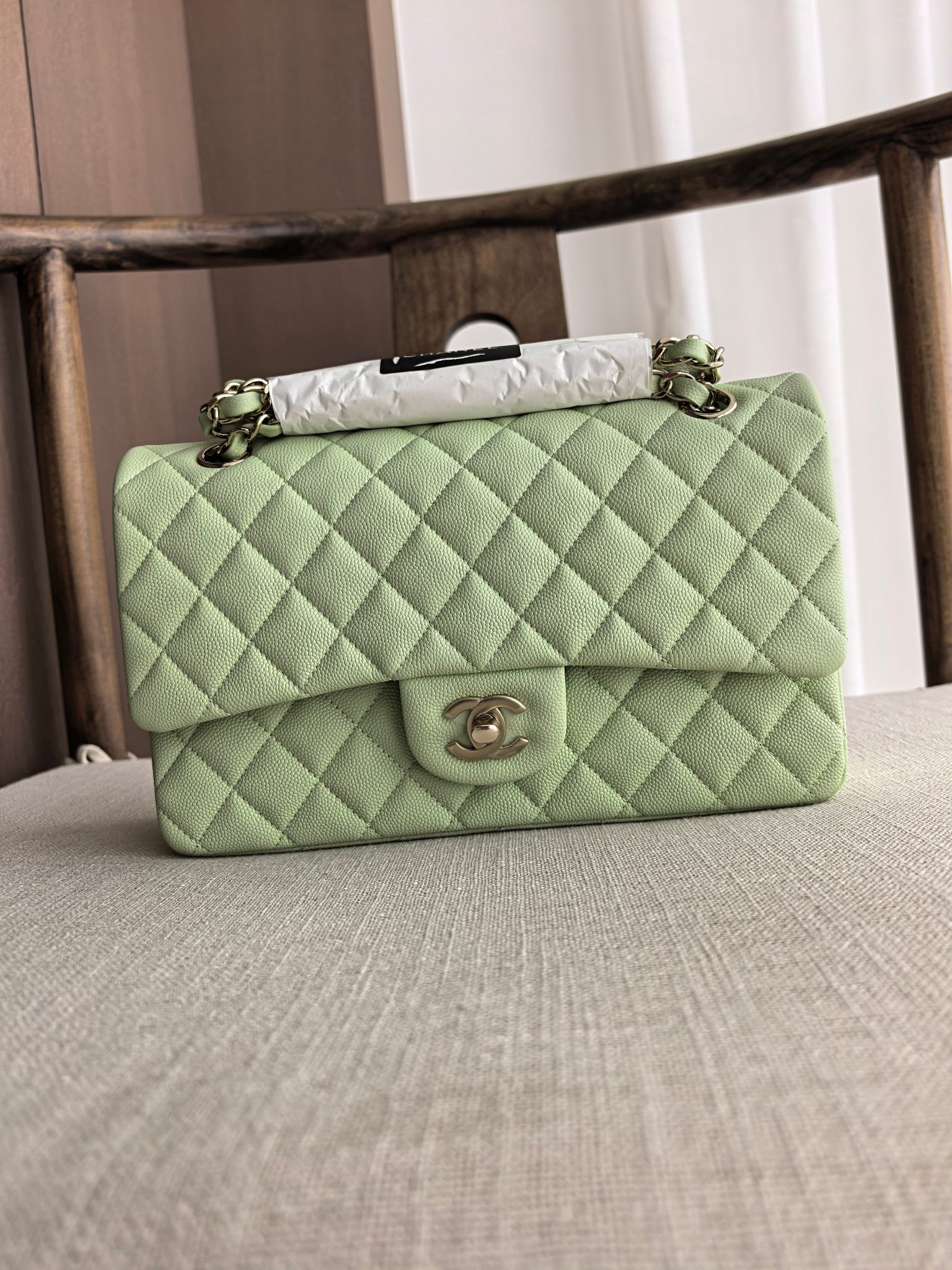 Ch**el Classic Flap Mint Green Bag with Light Gold Hardware A01112 15.5x25.5x6cm