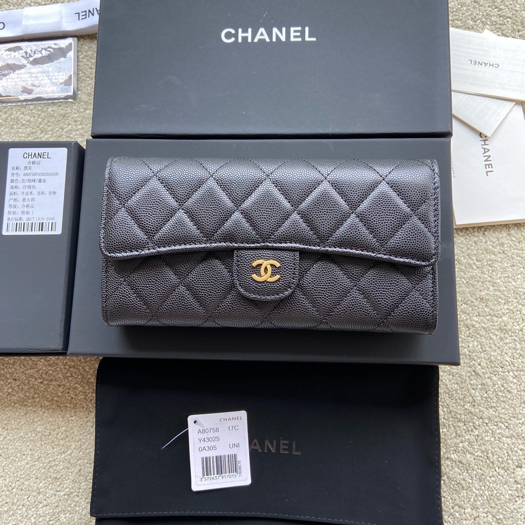 Ch**el FLAP WALLET GRAINED LEATHER BLACK GOLD 19.5 x10 cm