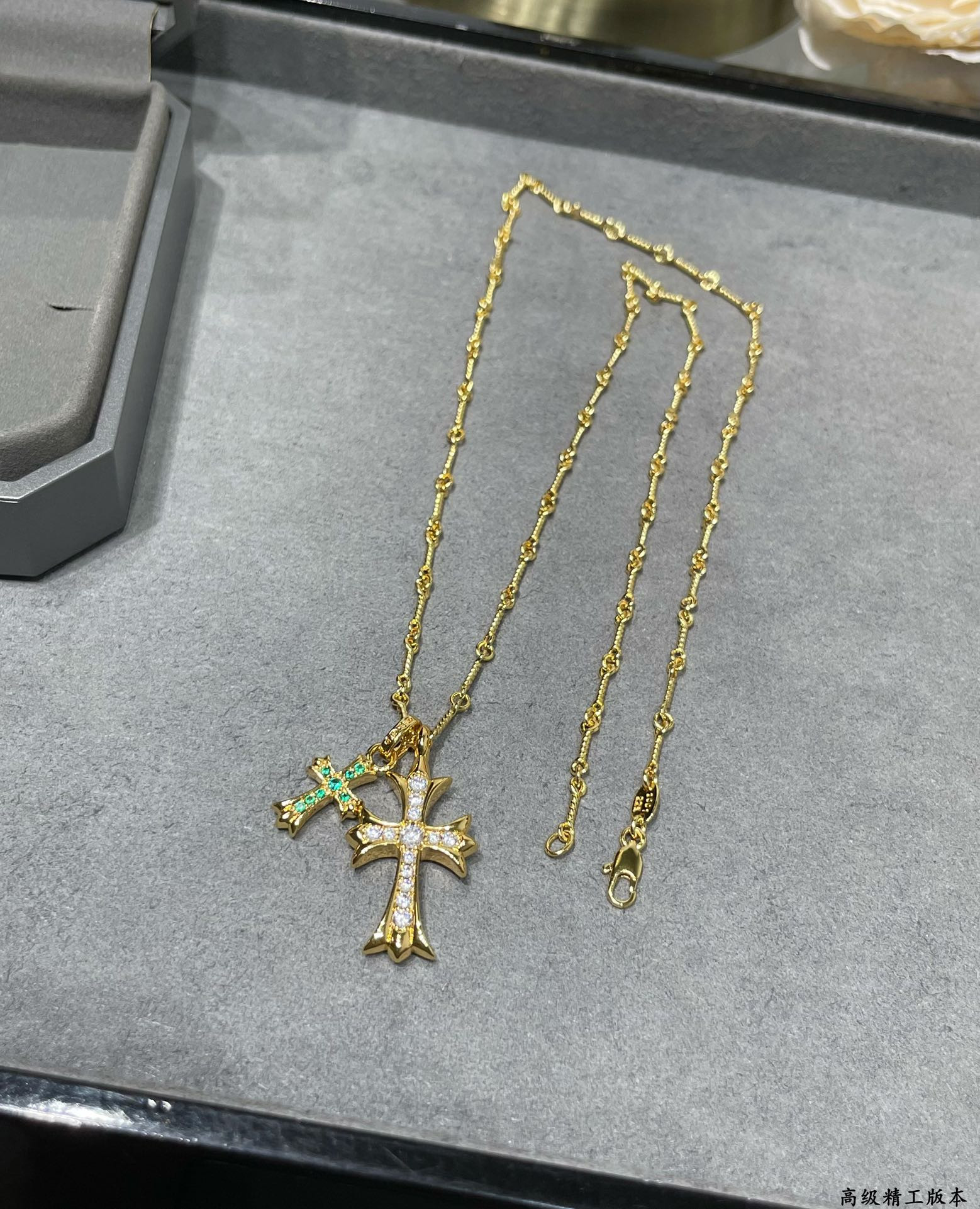 Chrome Heart Double Cross Green D1am0nd Necklace