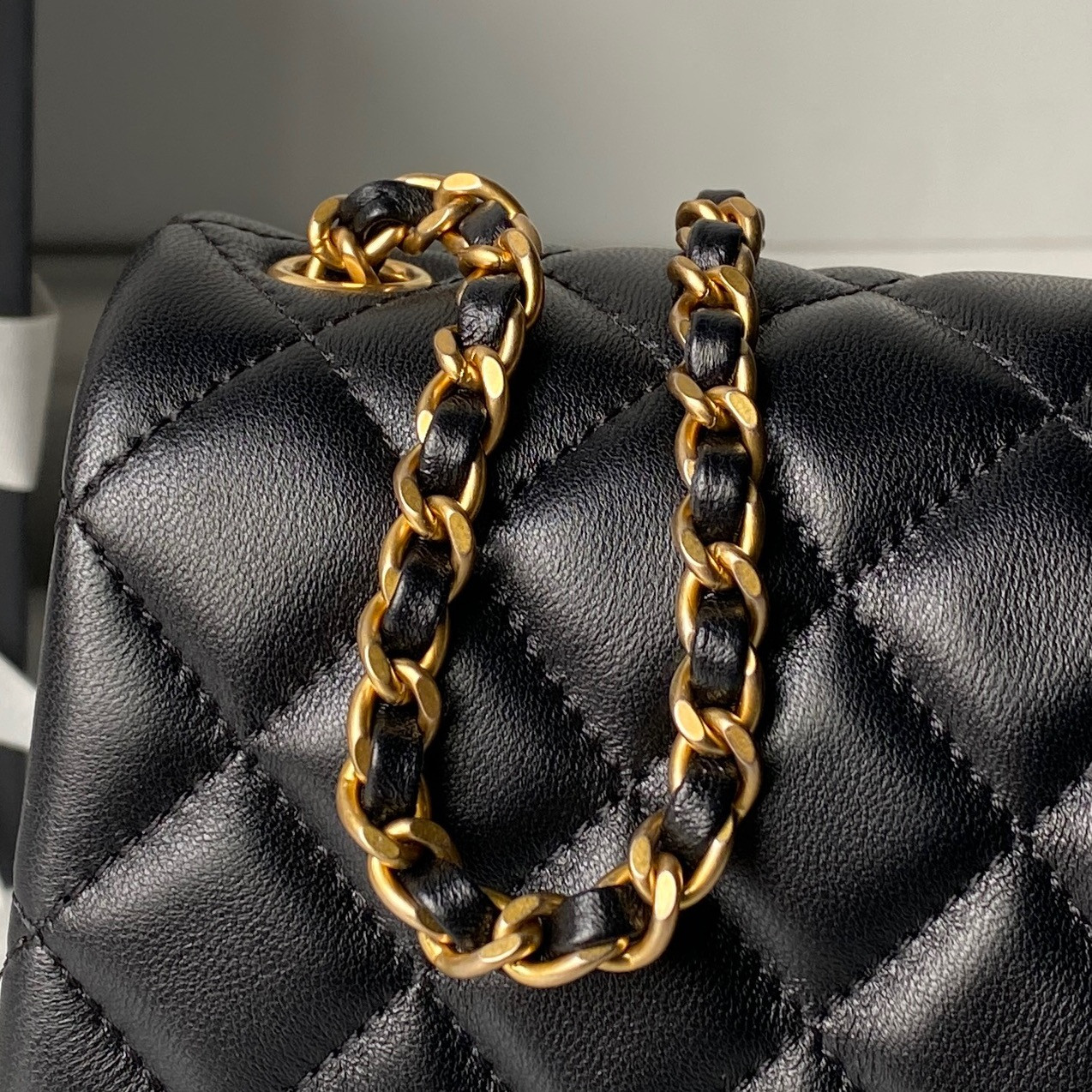 Ch**el MINI FLAP BAG SHINY CALFSKIN & Gold-Tone METAL BLACK 5.3 × 6.6 × 3.1 in