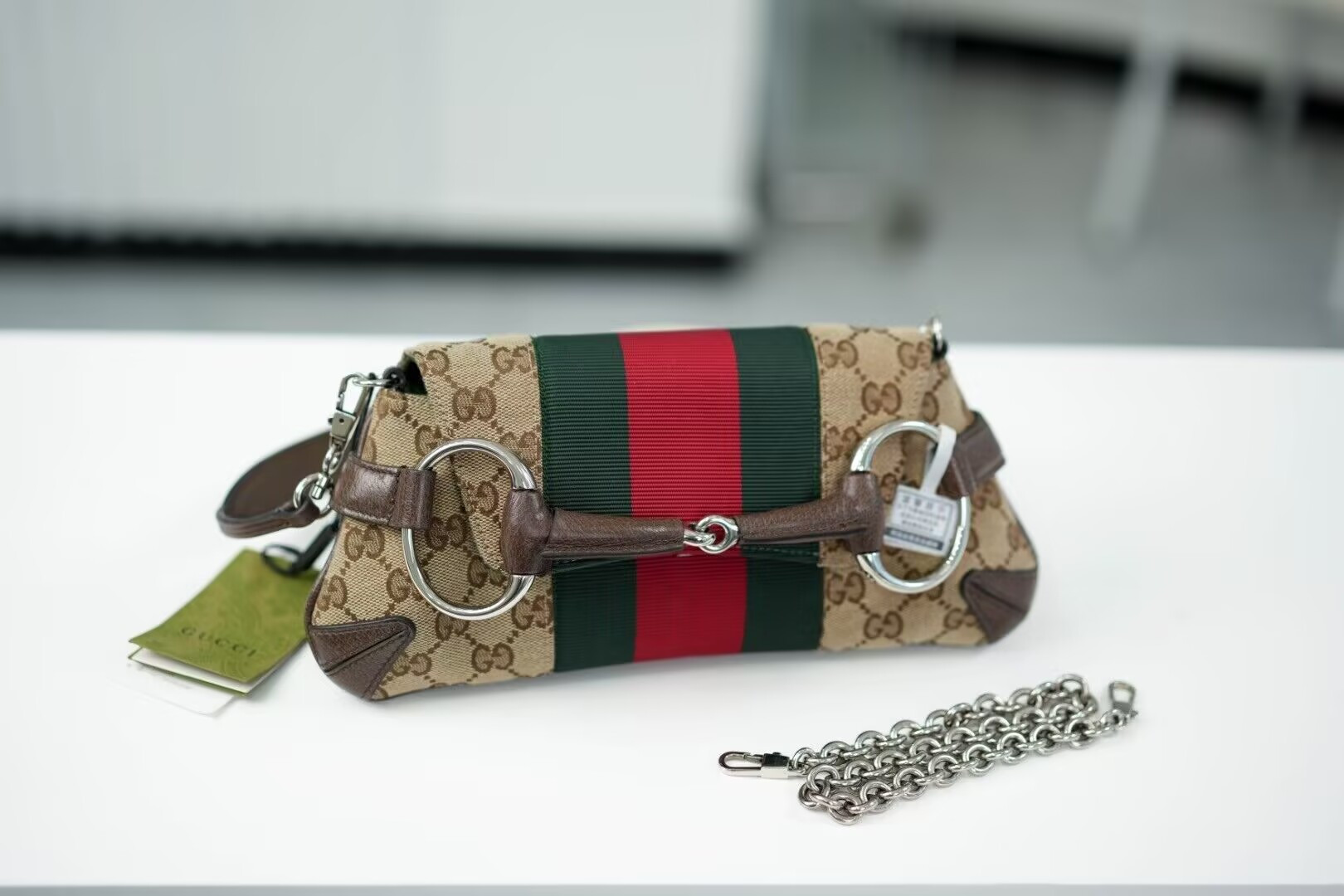 Gvc*1 Monogram Textured Dollar Calfskin Heavy Grosgrain Web Medium Maxi Horsebit Chain Shoulder Bag 27x11.5x5cm