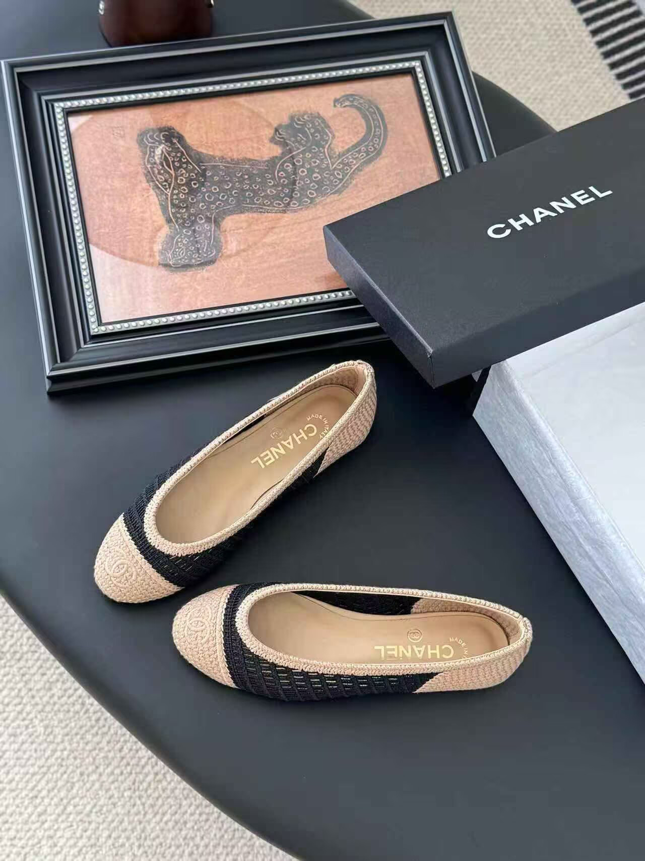 UA Ch**el Raffia Cap Toe Ballet Flats