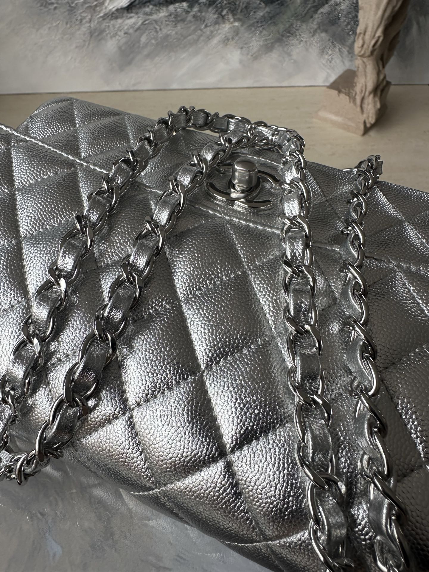 Ch**el Flap Bag Pearlescent Silver AS1112 25.5x15.5x6cm