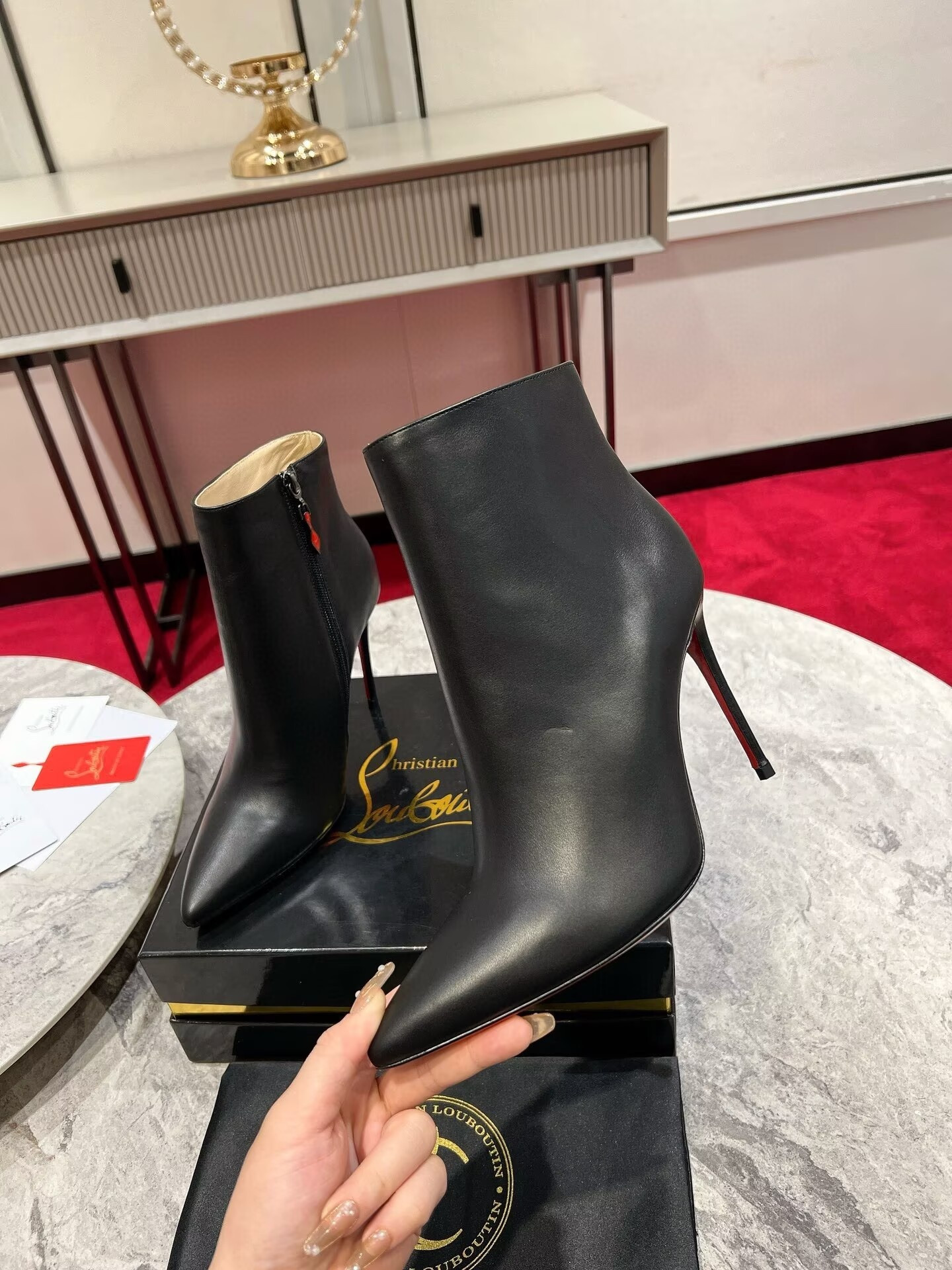 UA Chr1st1an Louboutin Miss Z Booty 100 mm Low Boots Calf leather Black