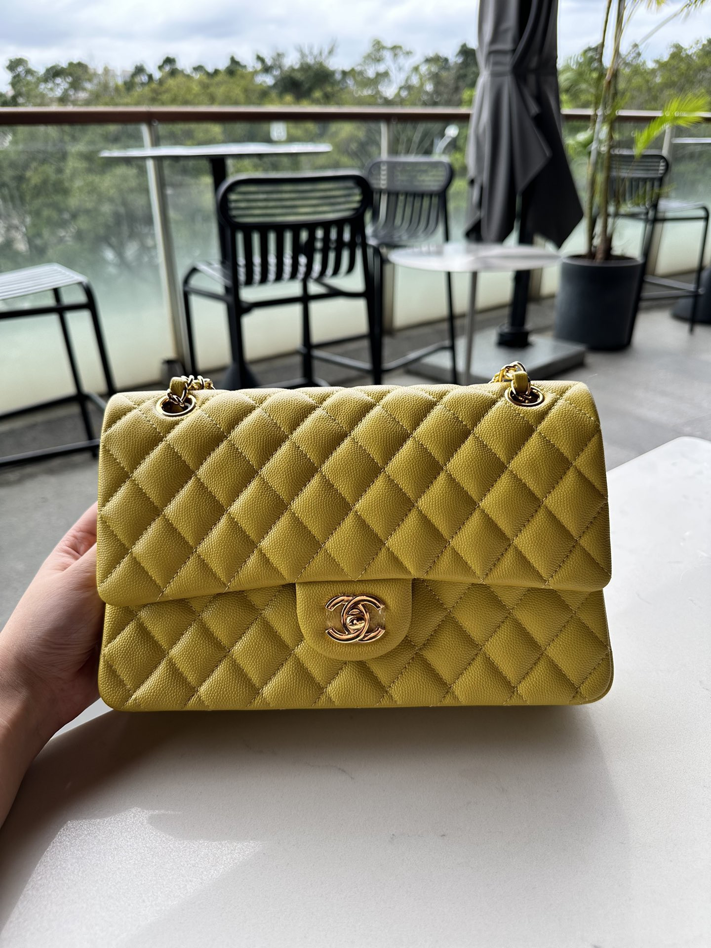 Ch**el CLASSIC HANDBAG GRAINED CALFSKIN & GOLD-TONE METAL yellow 6×9.9×2.5 in