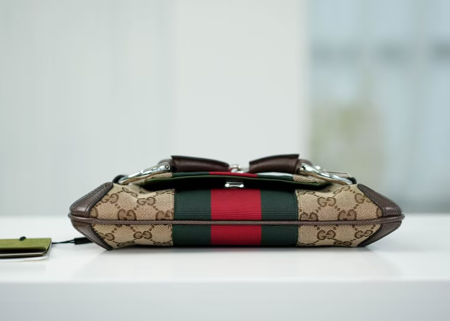 Gvc*1 Monogram Textured Dollar Calfskin Heavy Grosgrain Web Medium Maxi Horsebit Chain Shoulder Bag 27x11.5x5cm