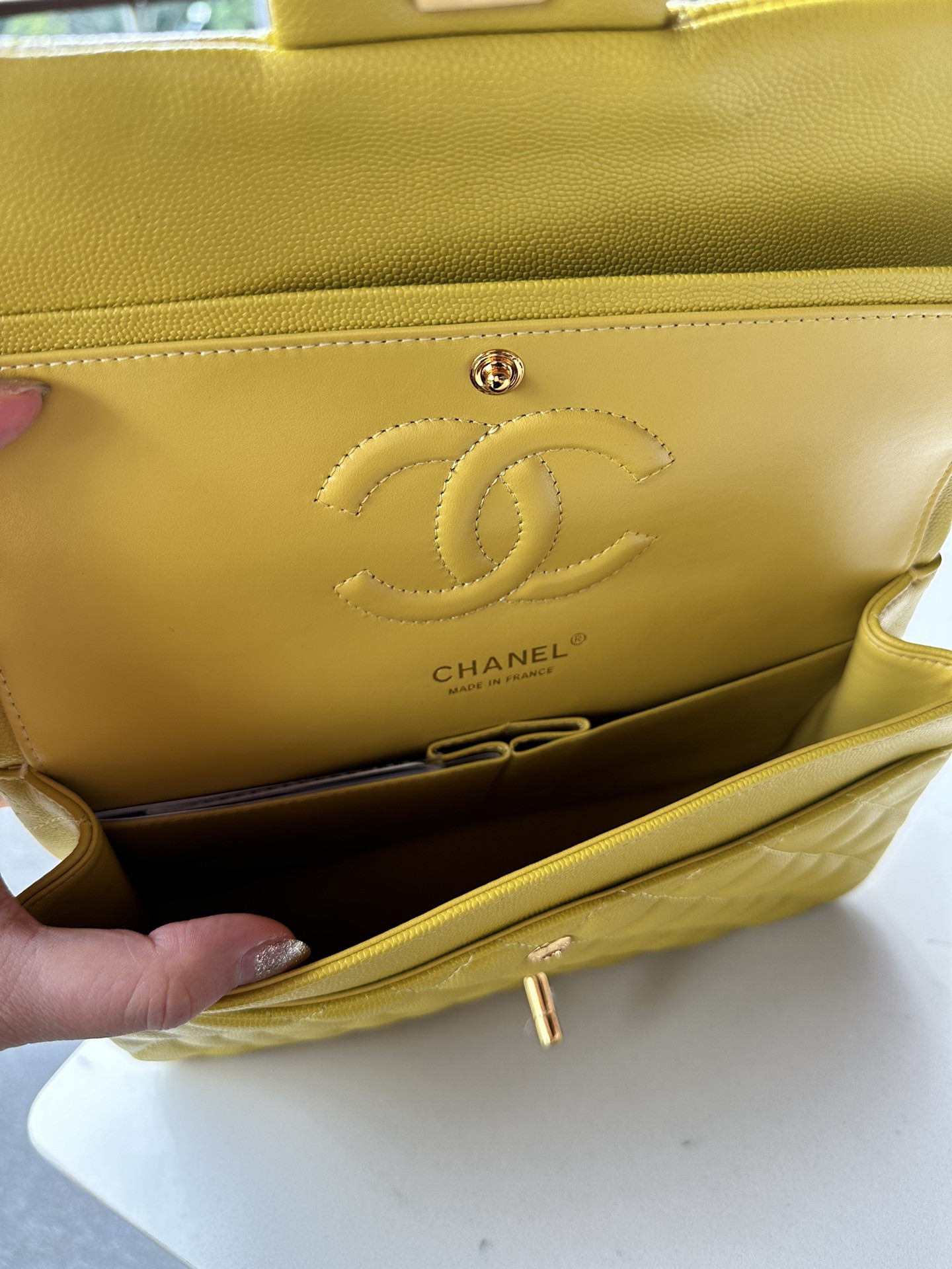 Ch**el CLASSIC HANDBAG GRAINED CALFSKIN & GOLD-TONE METAL yellow 6×9.9×2.5 in
