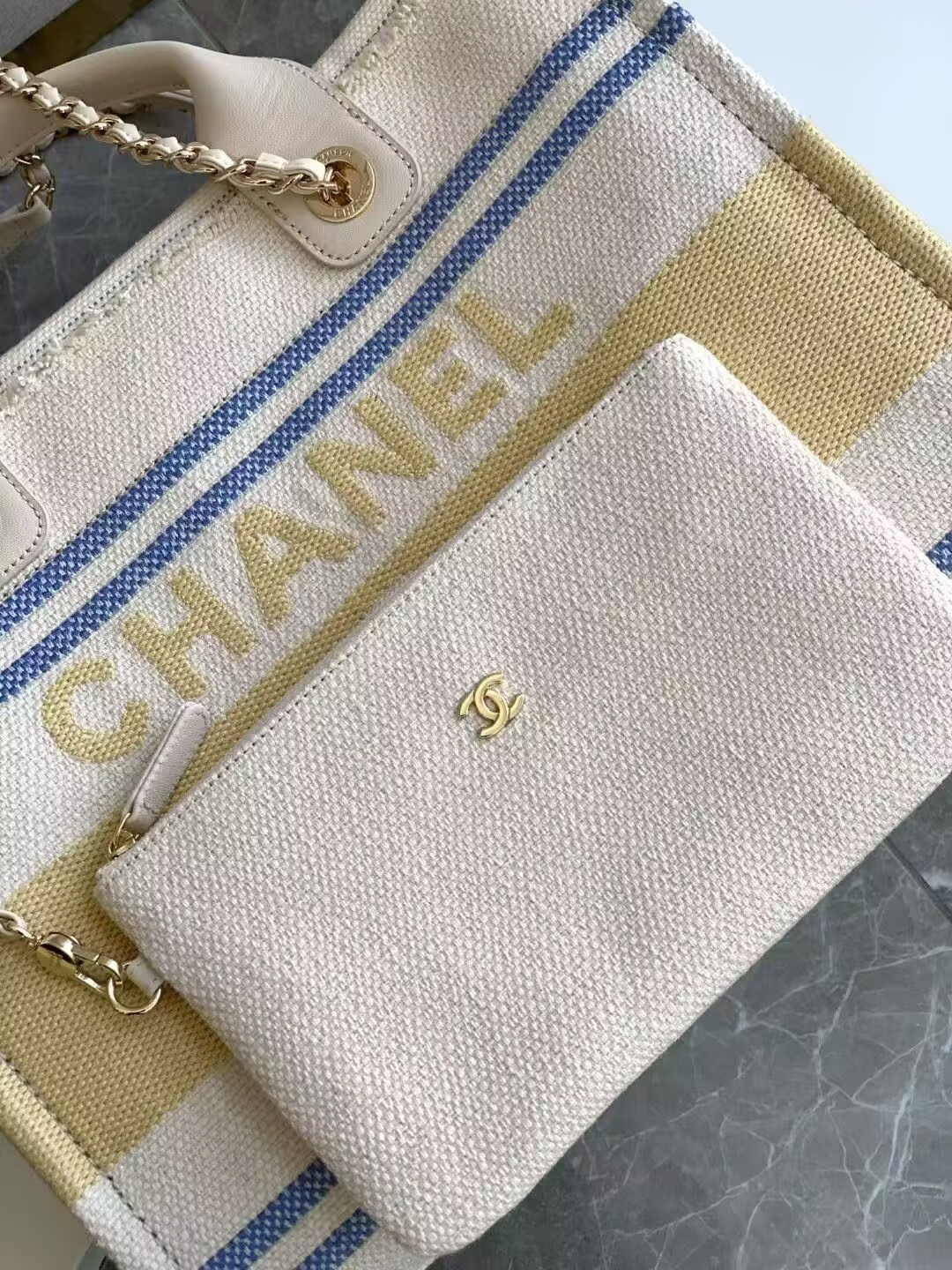 Ch**el Shopping Bag Cotton Canvas & Gold-Tone Metal 34x27x16cm
