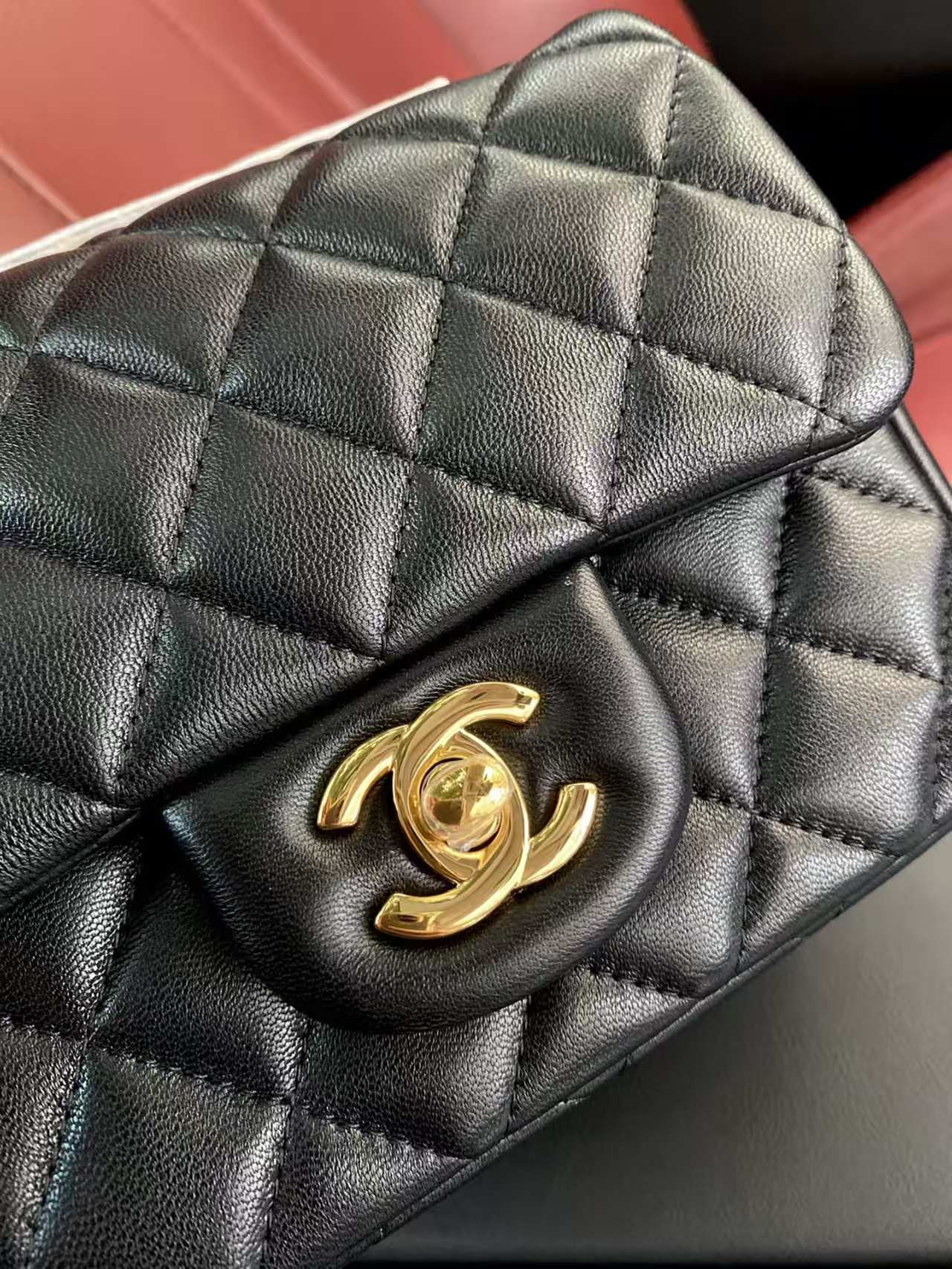 Ch**el Mini Classic Handbag Lambskin & Gold-Tone Metal Black 13.5x 17x8cm
