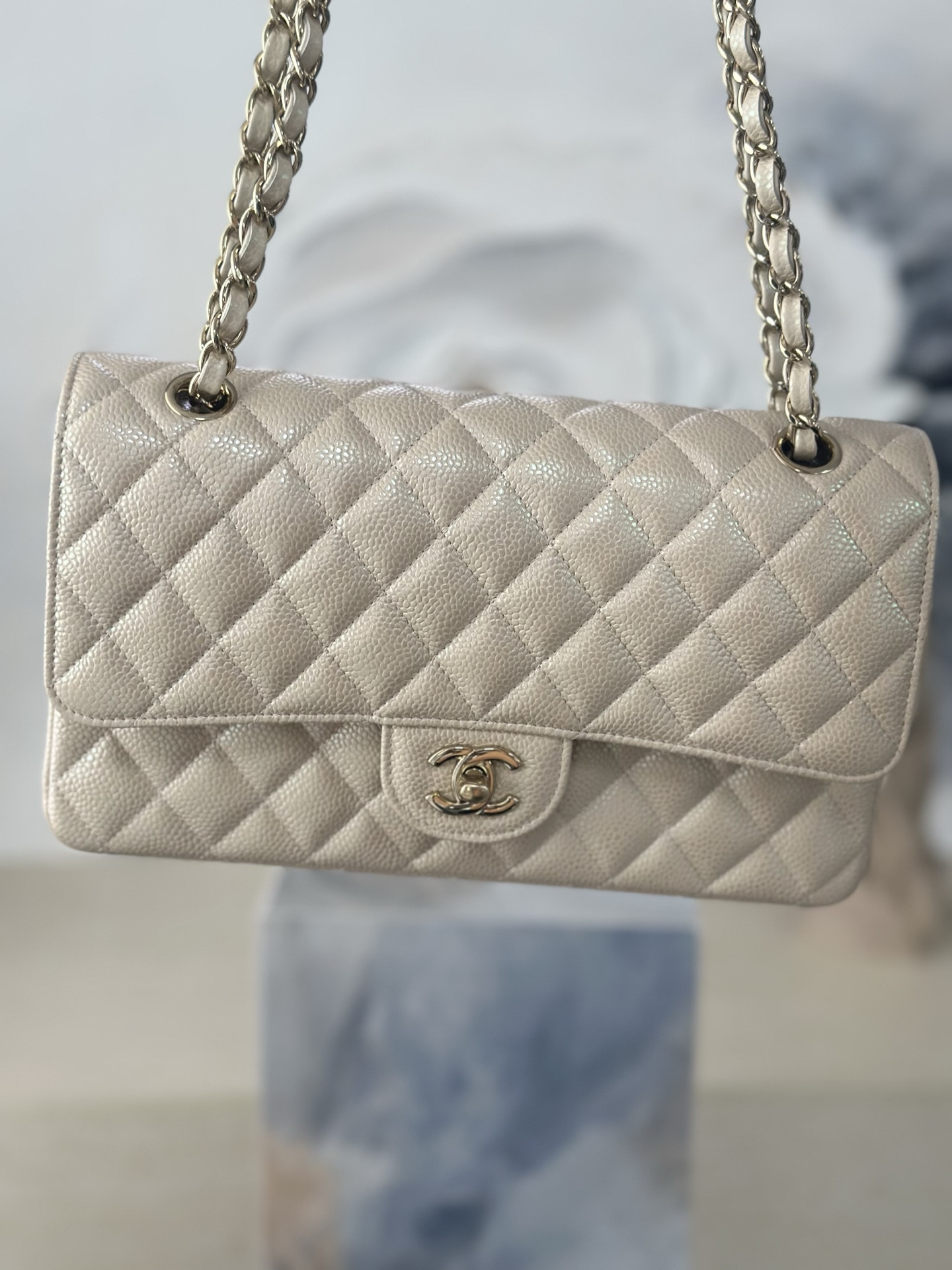 Ch**el Flap Bag Pearlescent Light Beige AS1112 25.5x15.5x6cm