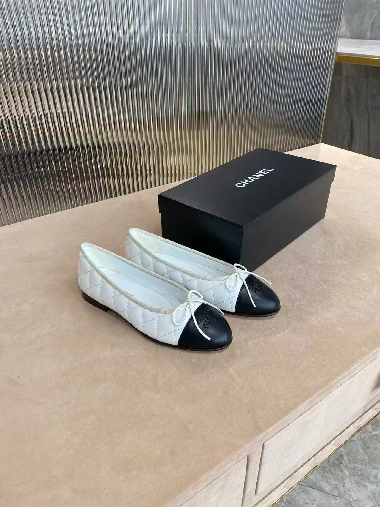 Ch**el BALLET FLATS  Aged Calfskin White & Black
