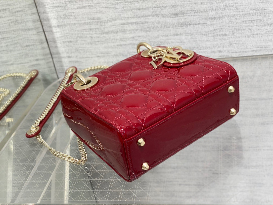 Mini Lady D10r Bag  Cherry Red Patent Cannage Calfskin 6.5 x 6 x 3 inches