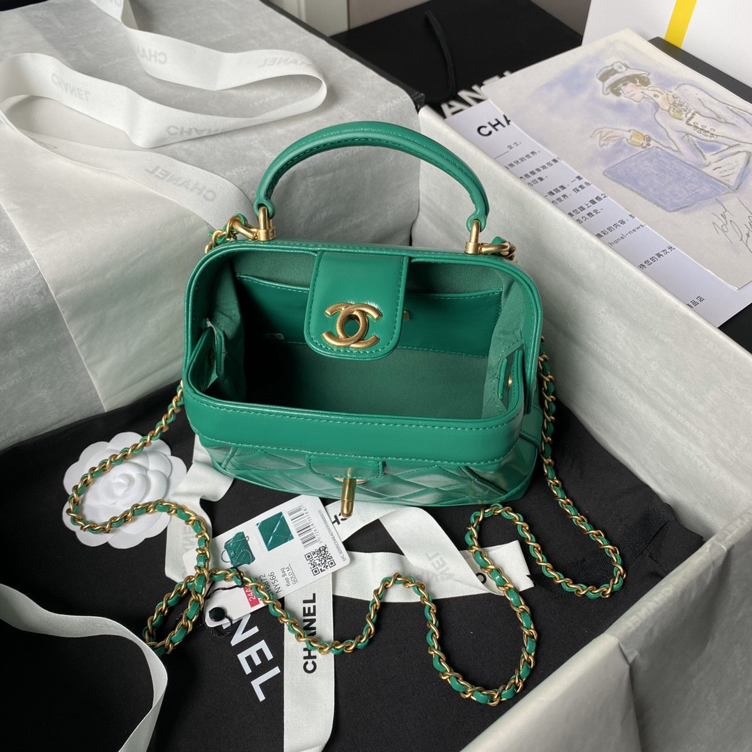 Ch**el MINI BAG WITH TOP HANDLE  Shiny Lambskin & Gold-Tone Metal 12 × 18 × 7 cm