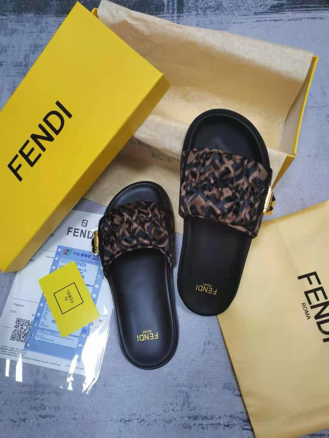 UA F**di Feel Brown satin slides