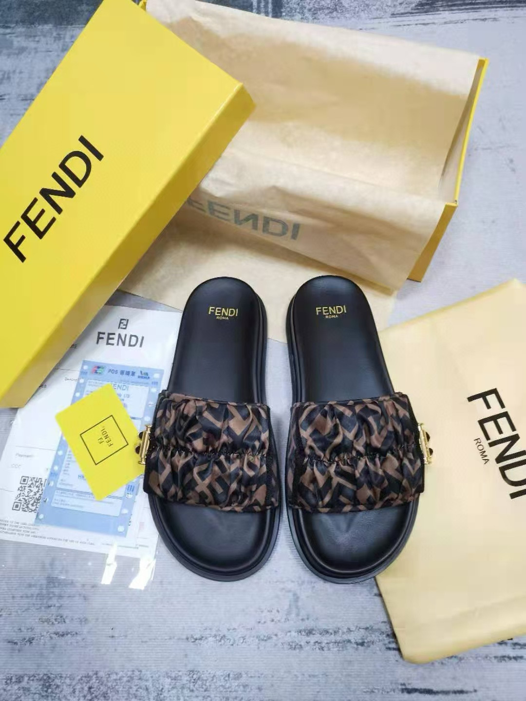 UA F**di Feel Brown satin slides