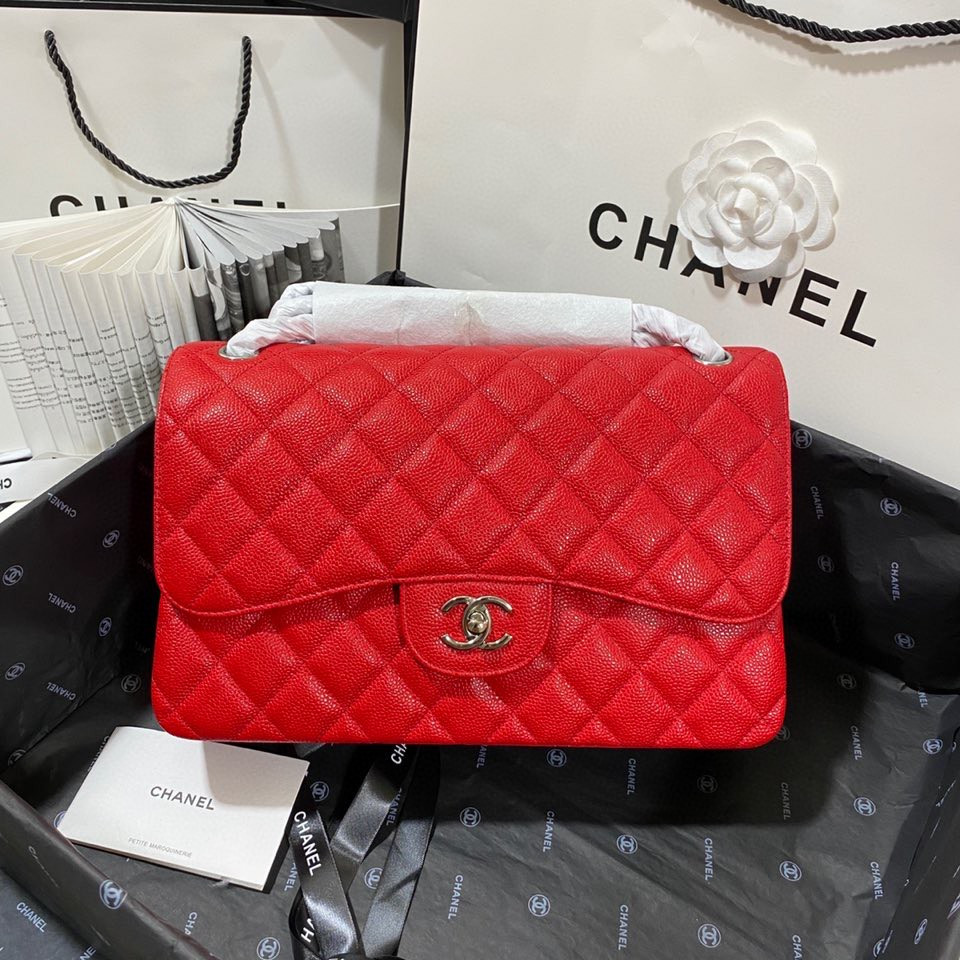 Ch**el Classic Flap Jumbo 30cm CF Red Silver7.6 × 11.7 × 3.9 in