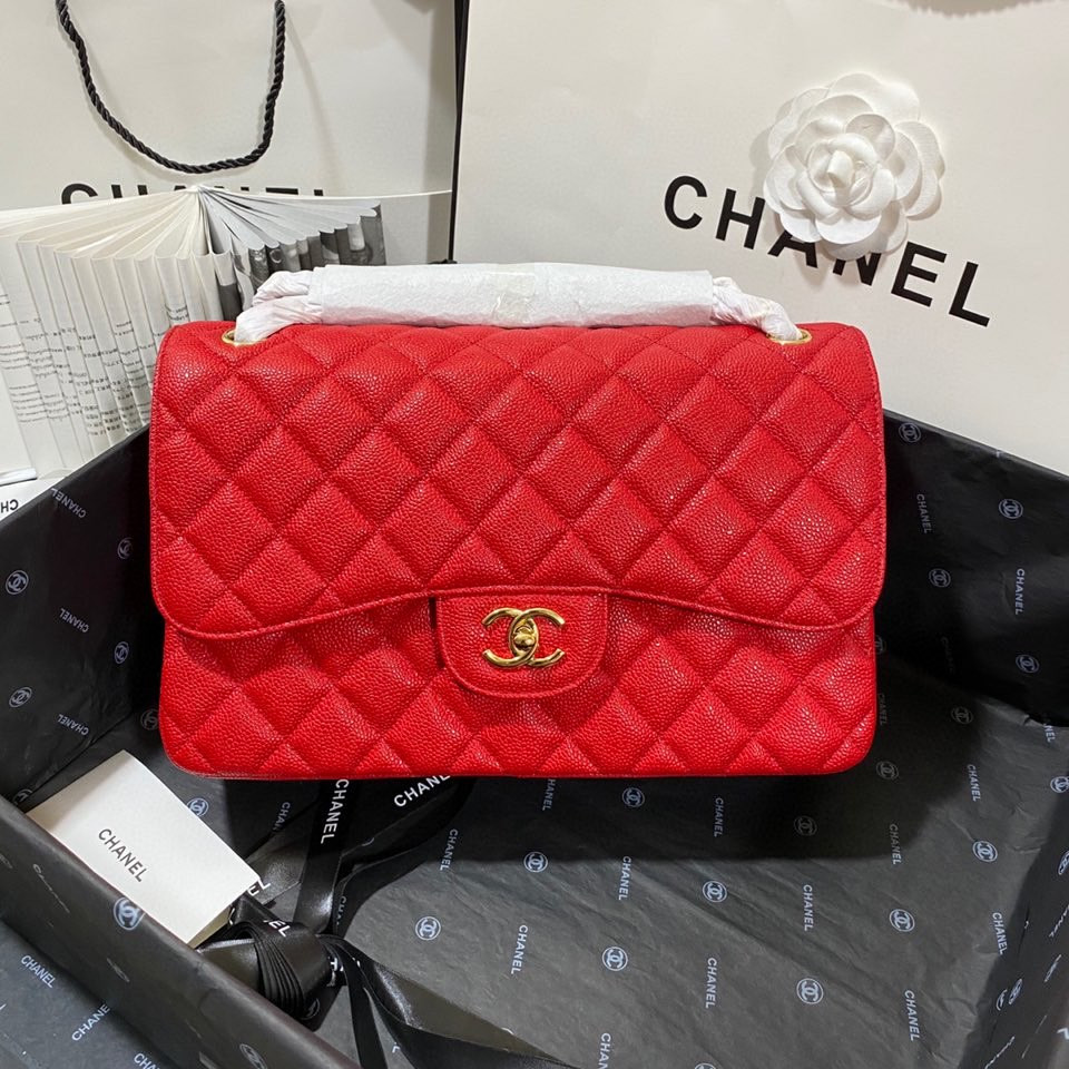Ch**el Classic Flap Jumbo 30cm CF Red Gold 7.6 × 11.7 × 3.9 in