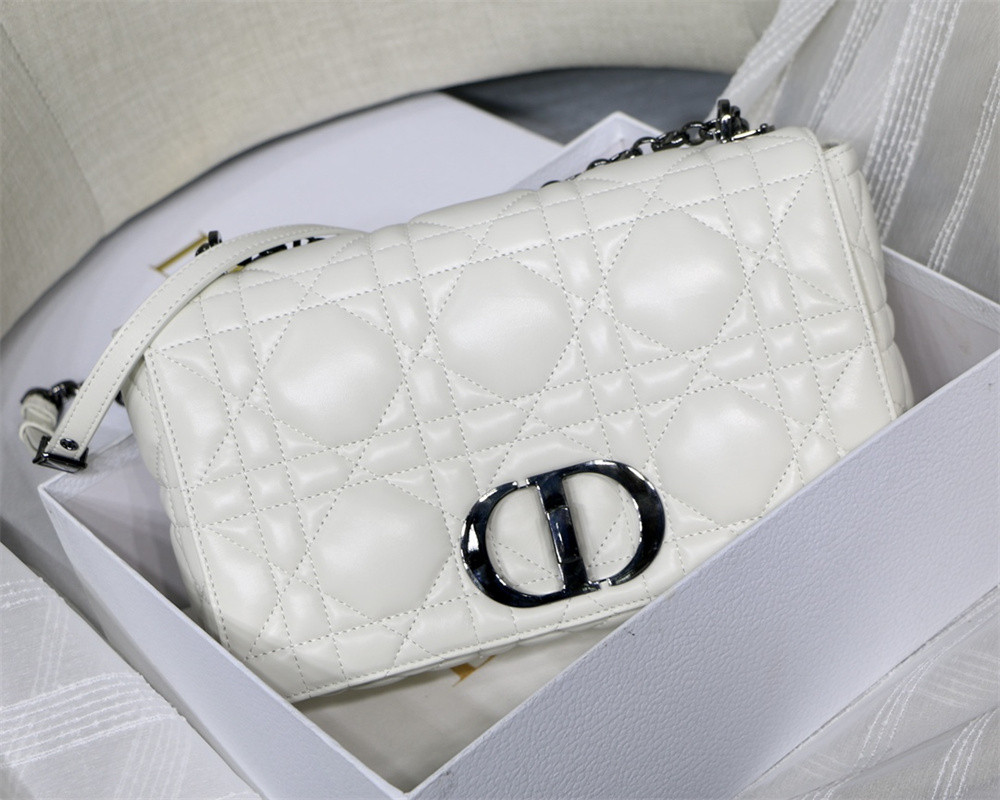 LARGE D10r CARO BAG Ivory S*pple Cannage Calfskin With Silver Hardware 29 x 18 x 10 cm