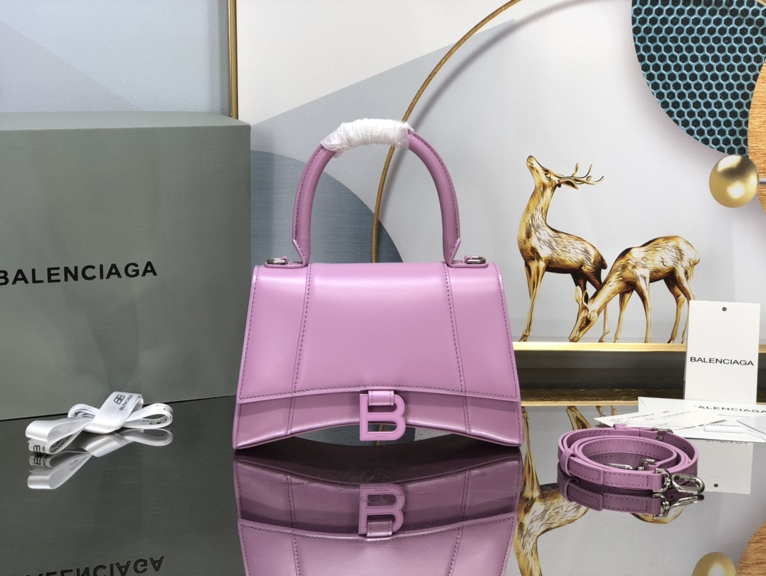 Ba1en*iaga WOMEN'S HOURGLASS SMALL HANDBAG IN SHINY PINK BOX L9 x H5,5 x W3,9 inch