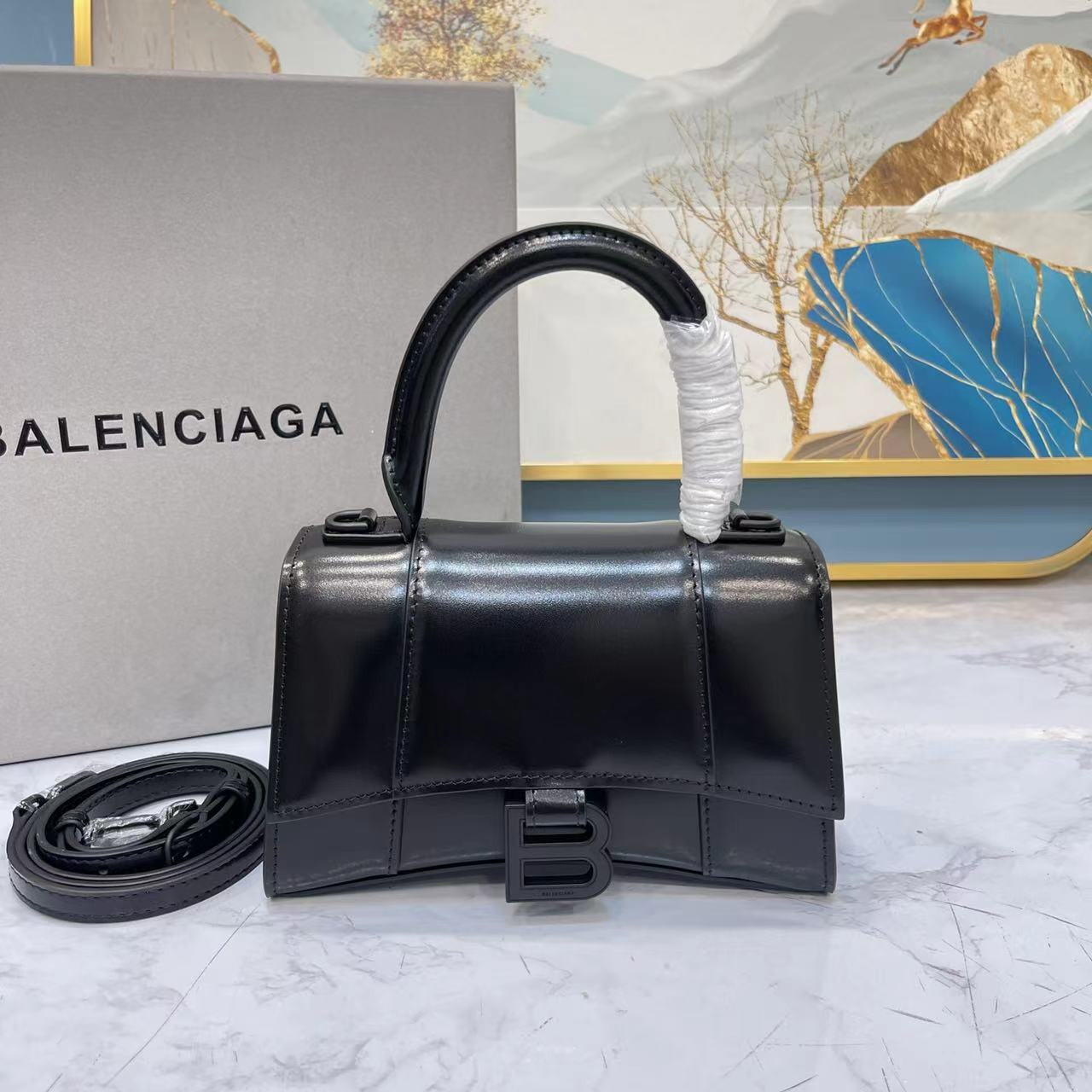 Ba1en*iaga WOMEN'S HOURGLASS MINI HANDBAG BOX IN BLACK HARDWARE L7.4 x H5.1 x W3.1 inch