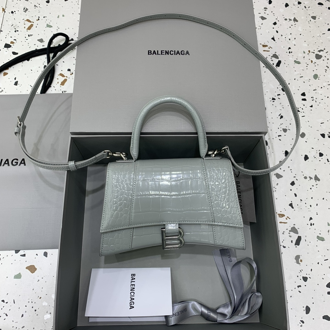 Ba1en*iaga WOMEN'S HOURGLASS SMALL HANDBAG CROCODILE EMBOSSED IN GREY L9 x H5.5 x W3.9 inch