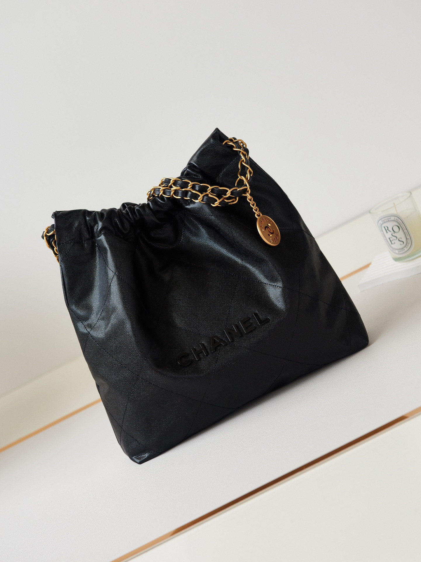 Ch**el 22 SMALL HANDBAG Shiny Calfskin & GOLD Metal BLACK 13.7×14.4×2.7 in