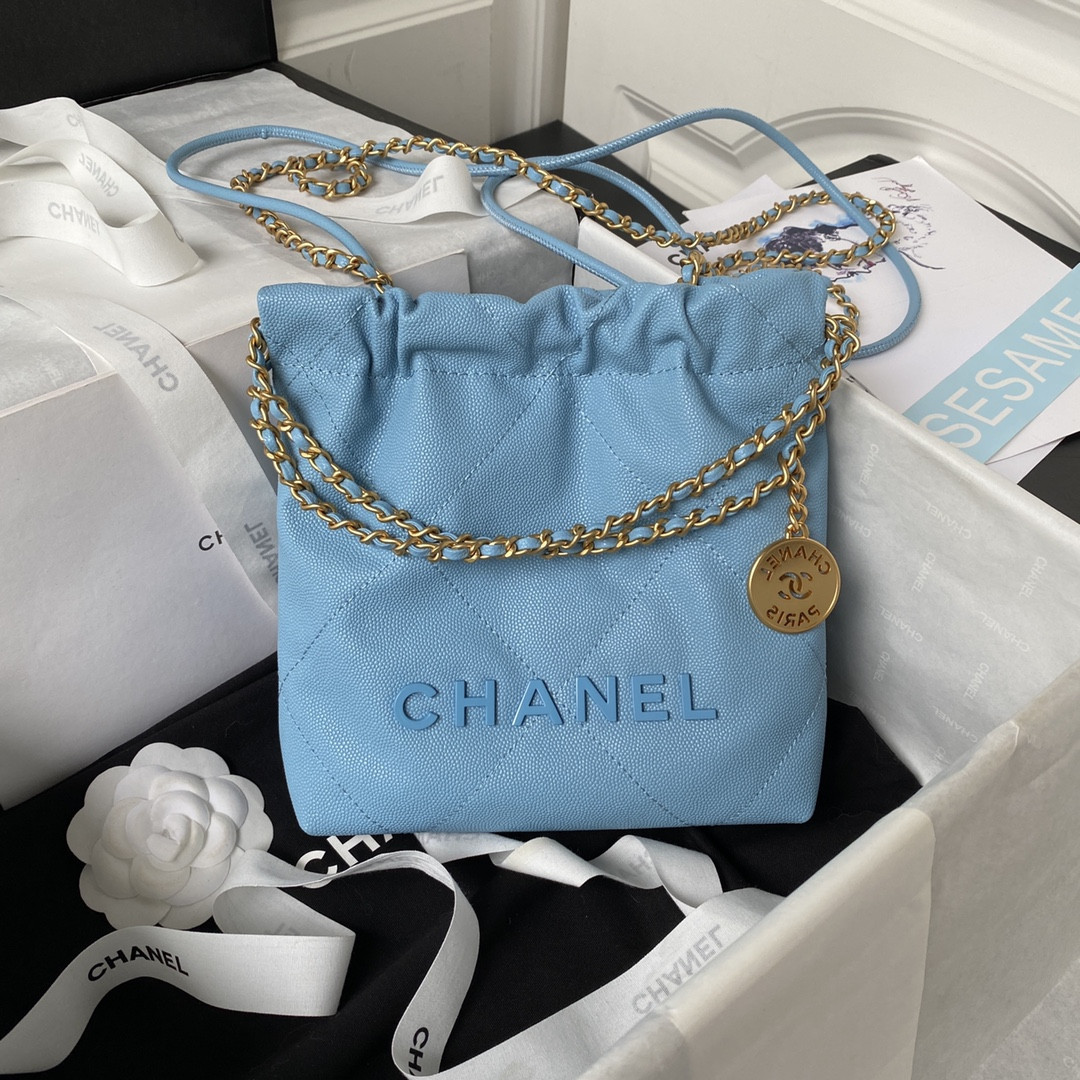 Ch**el 22 MINI HANDBAG GRAINED LEATHER BLUE 7.8 × 7.4 × 2.3 in