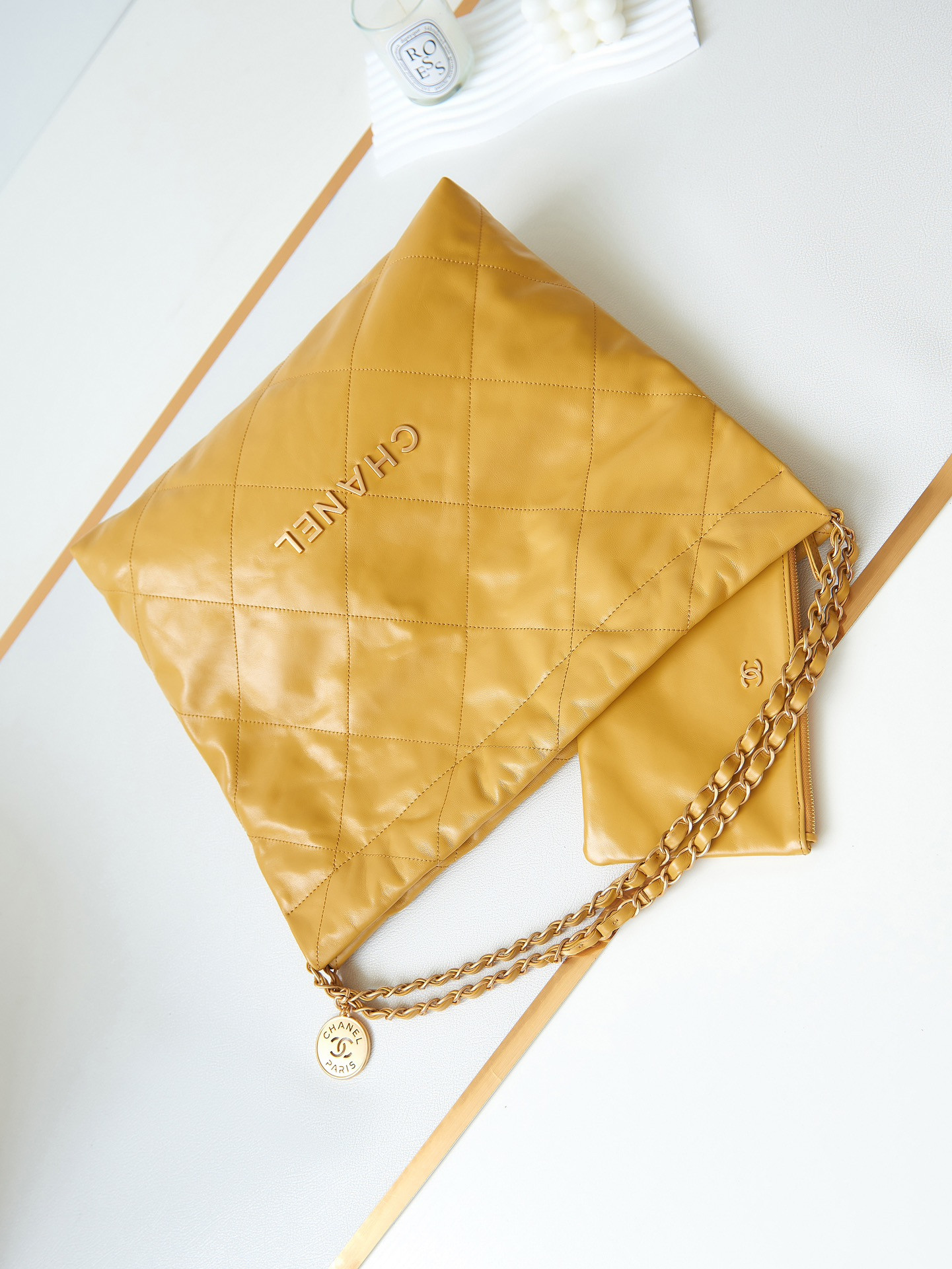 Ch**el 22 SMALL HANDBAG Shiny Calfskin YELLOW 15.2×16.4×3.1 in
