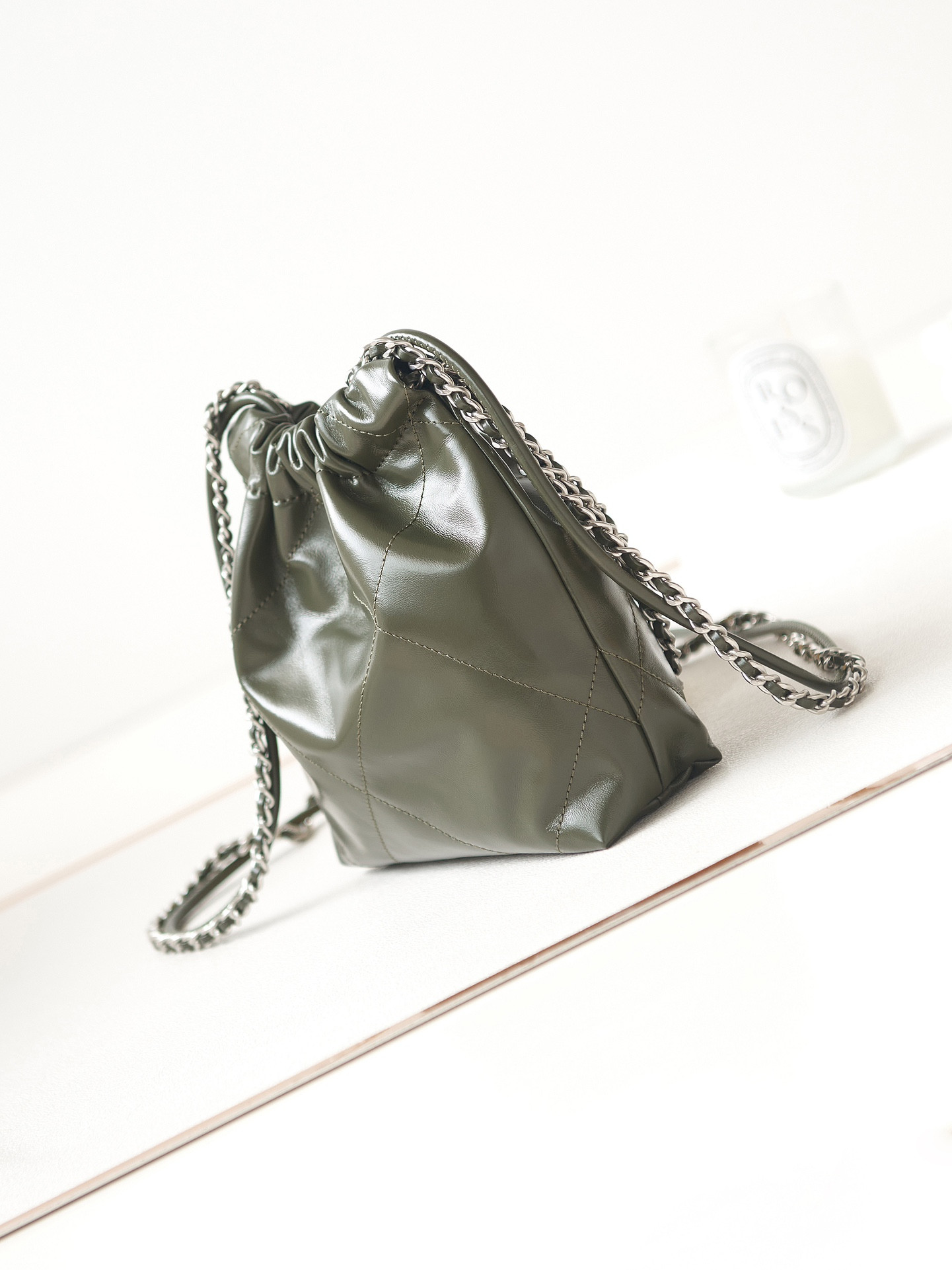 Ch**el 22 MINI HANDBAG Shiny Calfskin & Silver-Tone Metal black 7.8 × 7.4 × 2.3 in