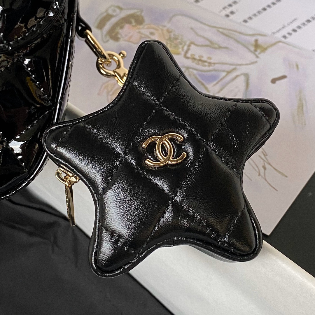 Ch**el FLAP BAG & STAR COIN PURSE BLACK 15.5×24×7.5cm