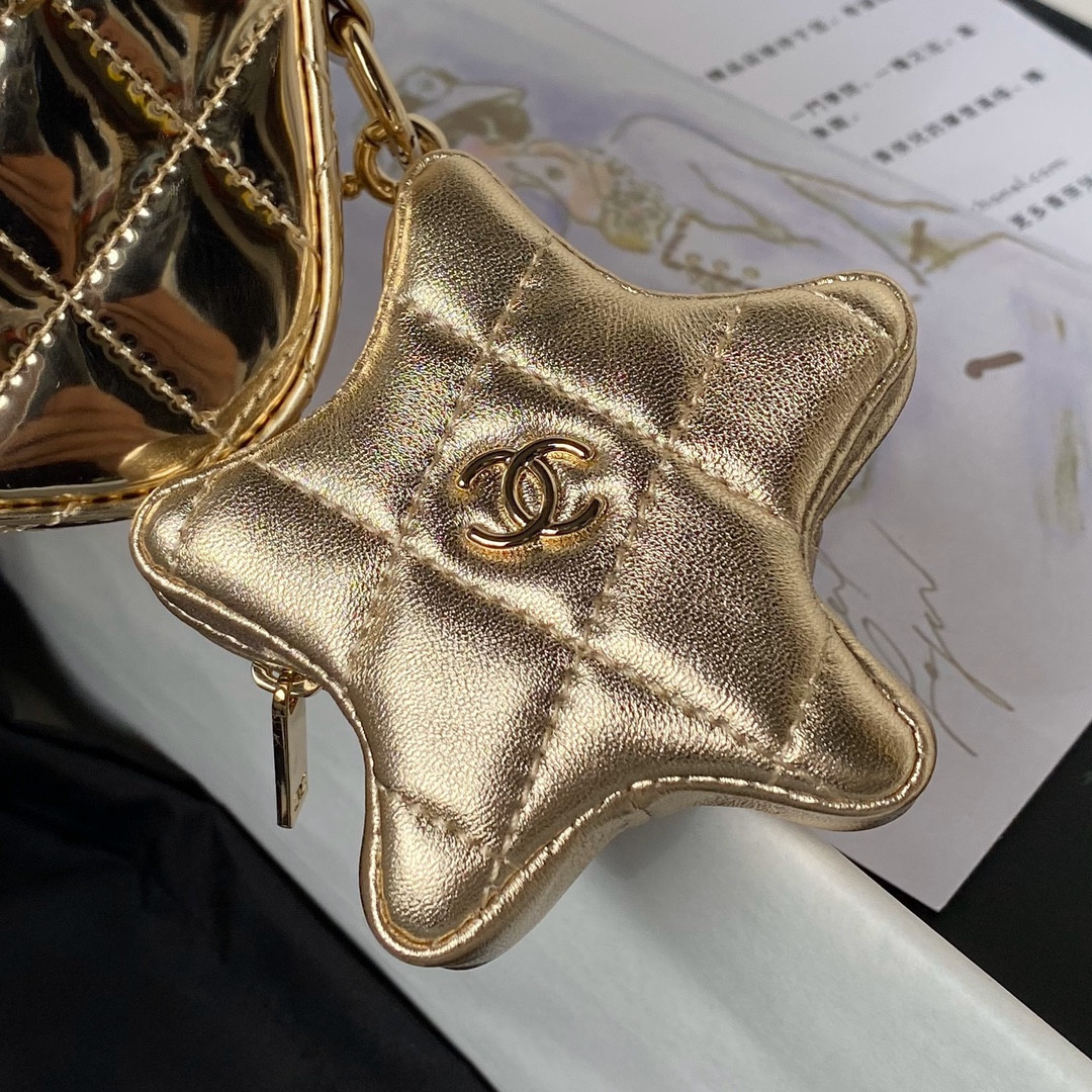 Ch**el FLAP BAG & STAR COIN PURSE GOLD 12.5×19×5cm