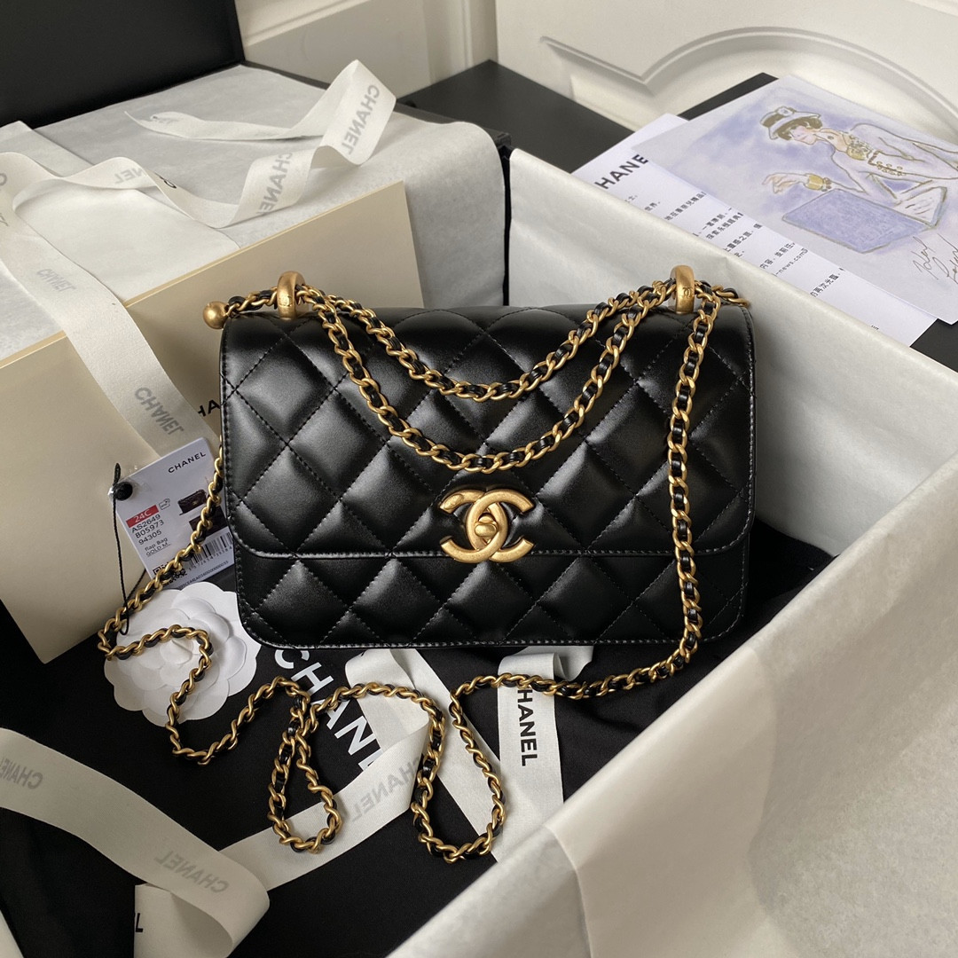Ch**el FLAP BAG BLACK 22×14.5×8cm