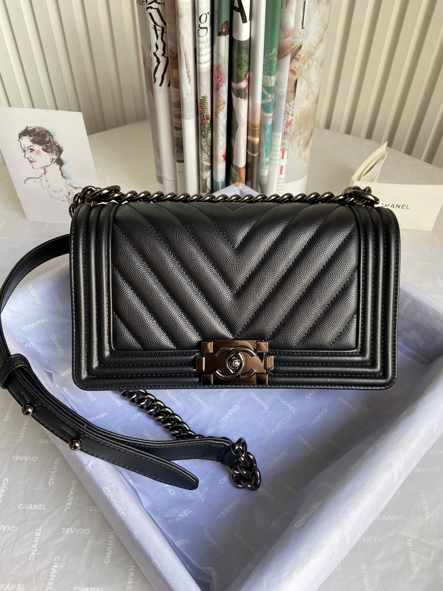 BOY Ch**el HANDBAG Shiny Grained Calfskin Black 5.9 × 9.8 × 3.5 in