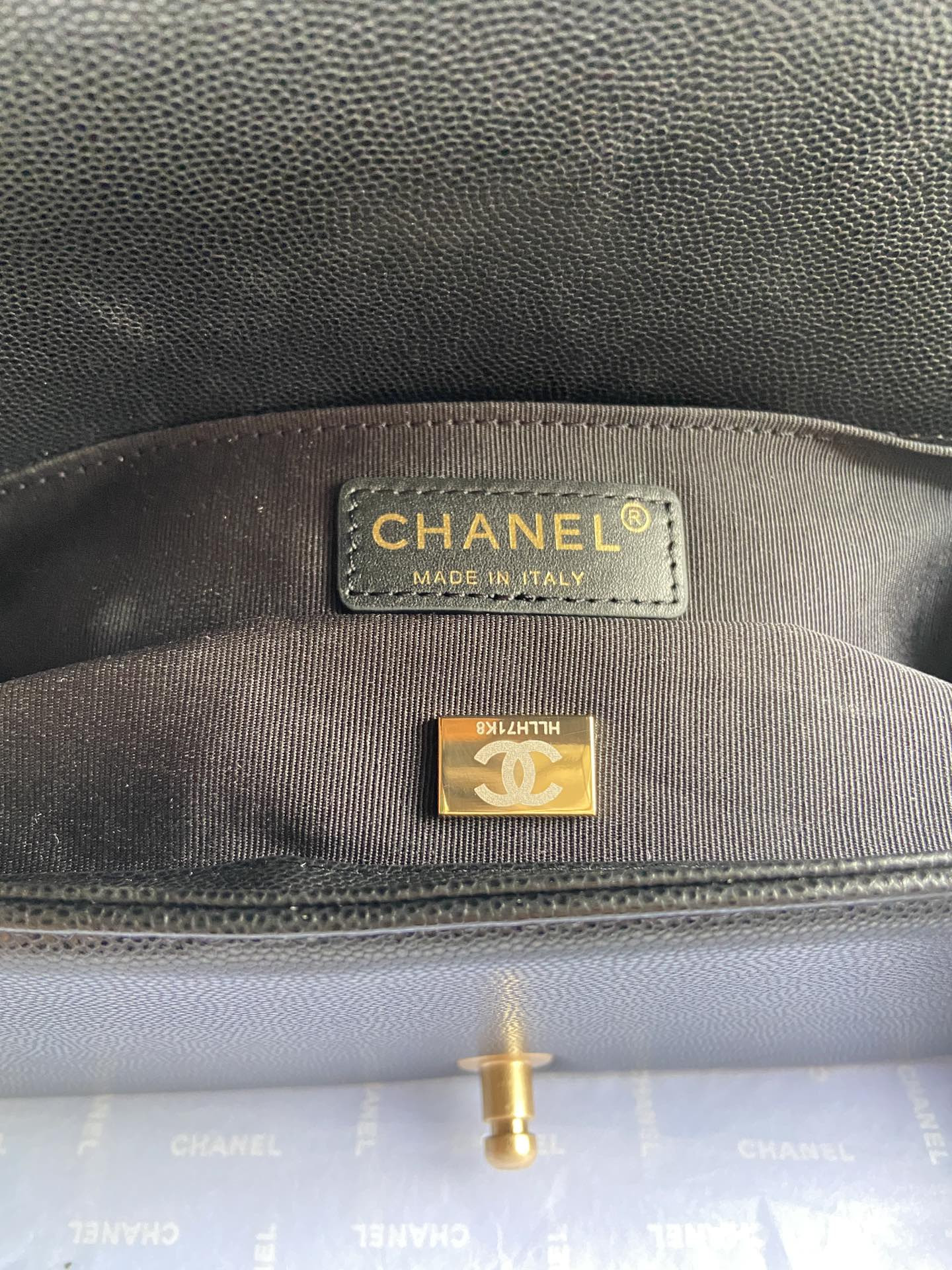 BOY Ch**el HANDBAG Shiny Grained Calfskin Black 5.9 × 9.8 × 3.5 in
