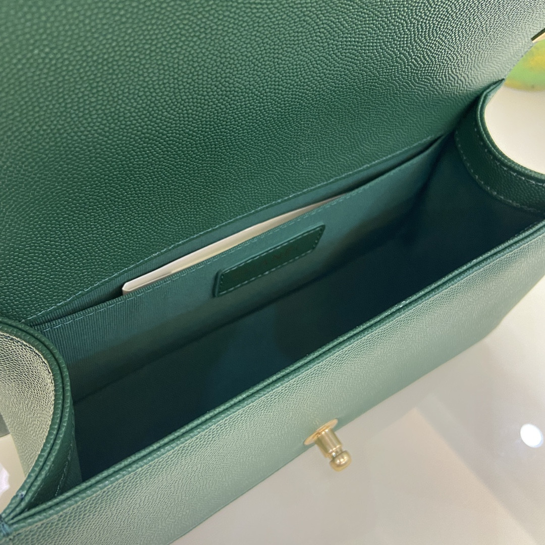 BOY Ch**el HANDBAG Shiny Grained Calfskin & Gold-Tone Metal Green 5.9 × 9.8 × 3.5 in