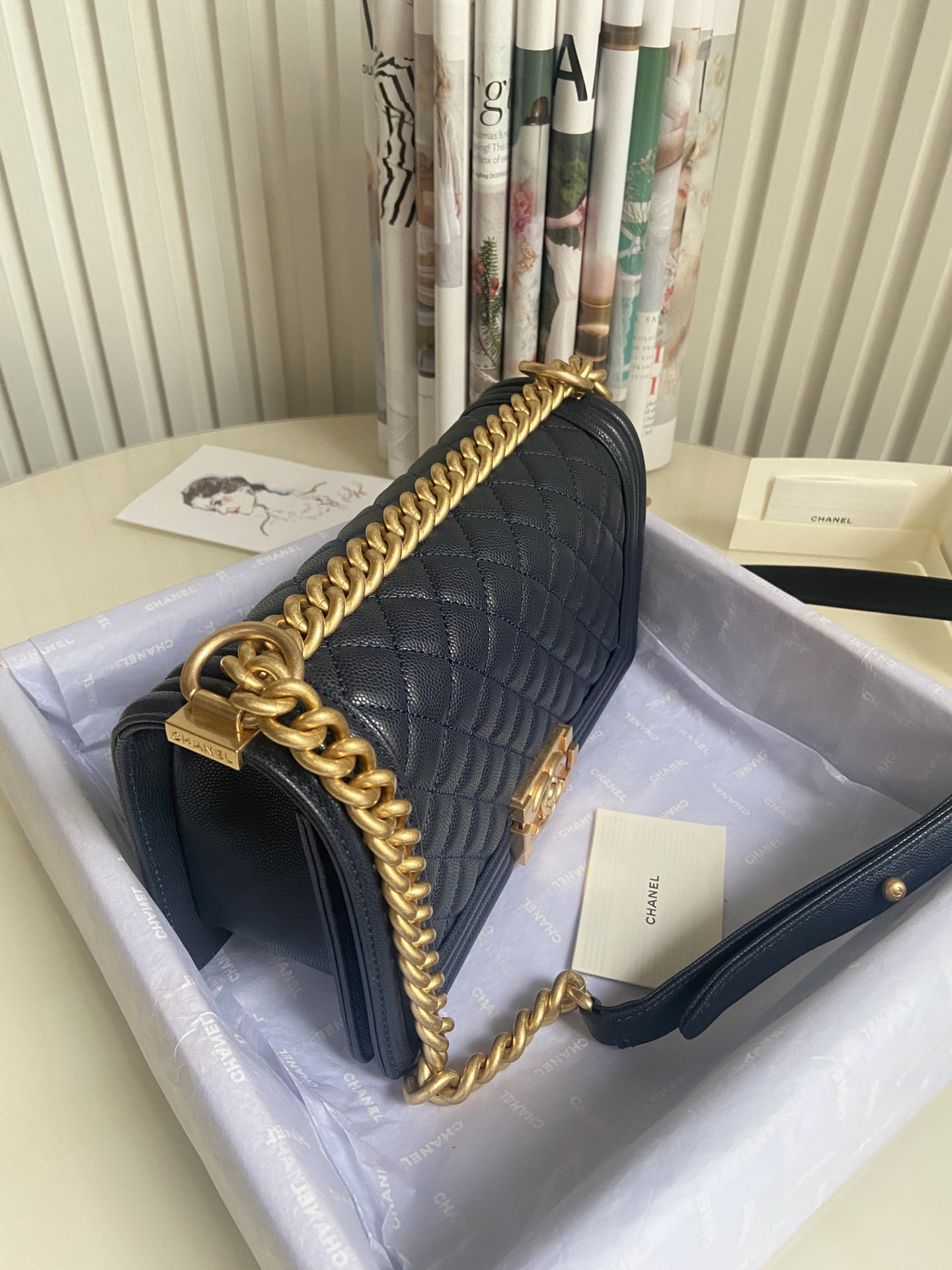 BOY Ch**el HANDBAG Shiny Grained Calfskin & Gold-Tone Metal Navy 5.9 × 9.8 × 3.5 in