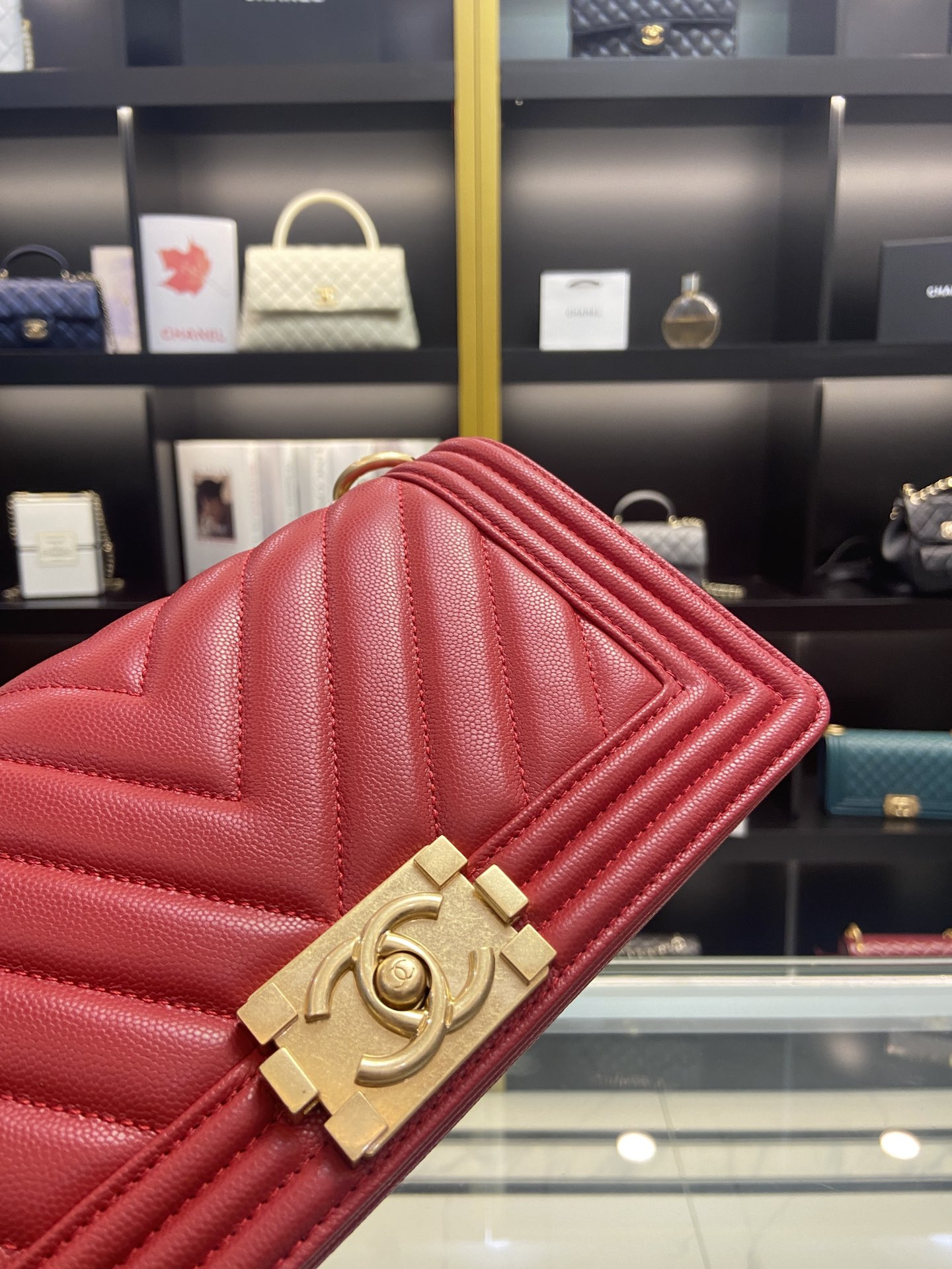 BOY Ch**el HANDBAG Shiny Red Grained Calfskin & Gold-Tone Metal 5.9 × 9.8 × 3.5 in