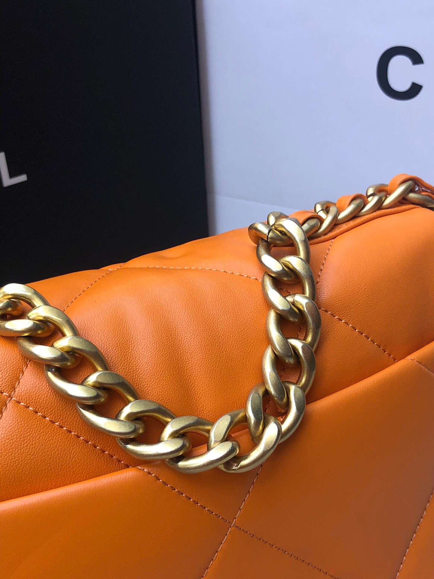 Ch**el 19 HANDBAG Shiny Leather, Gold-Tone, Silver-Tone & Ruthenium-Finish Metal Orange 6.2 × 10.1 × 3.5 in
