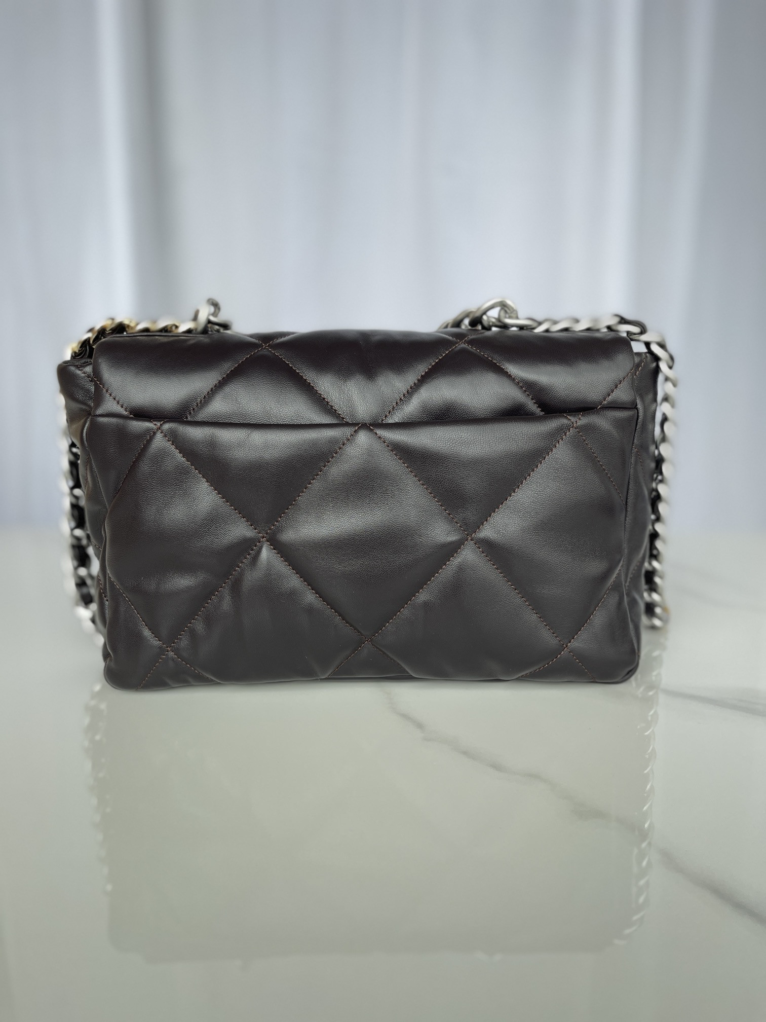 Ch**el 19 LARGE HANDBAG Shiny Leather Black, Gold-Tone, Silver-Tone & Ruthenium-Finish Metal 7.8 × 11.7 × 3.9 in
