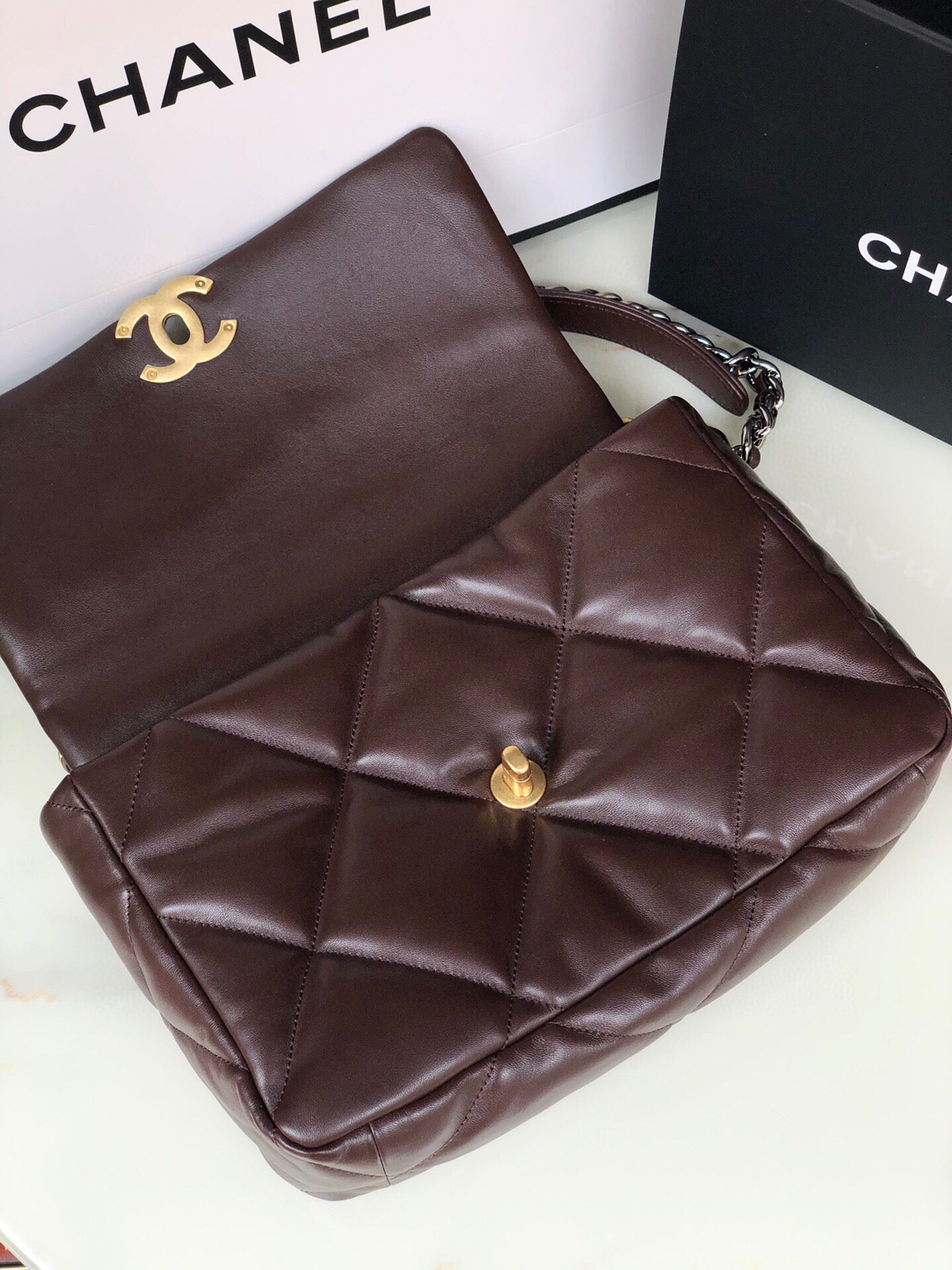 Ch**el 19 LARGE HANDBAG Shiny Leather, Gold-Tone, Silver-Tone & Ruthenium-Finish Metal Brown 7.8 × 11.7 × 3.9 in