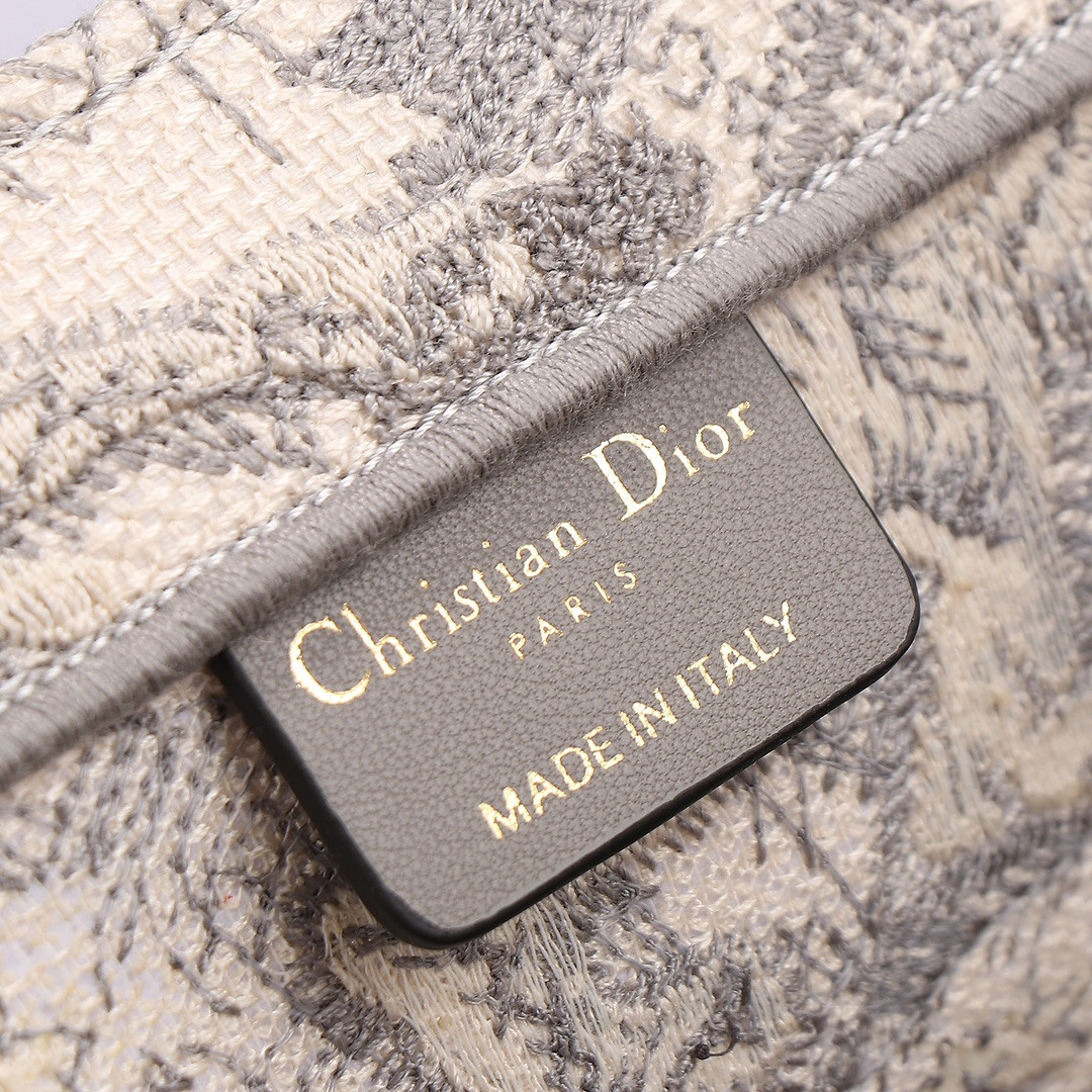 Medium D10r Book Tote Ecru and Gray Toile de Jouy Embroidery 14 x 11 x 6.5 inches