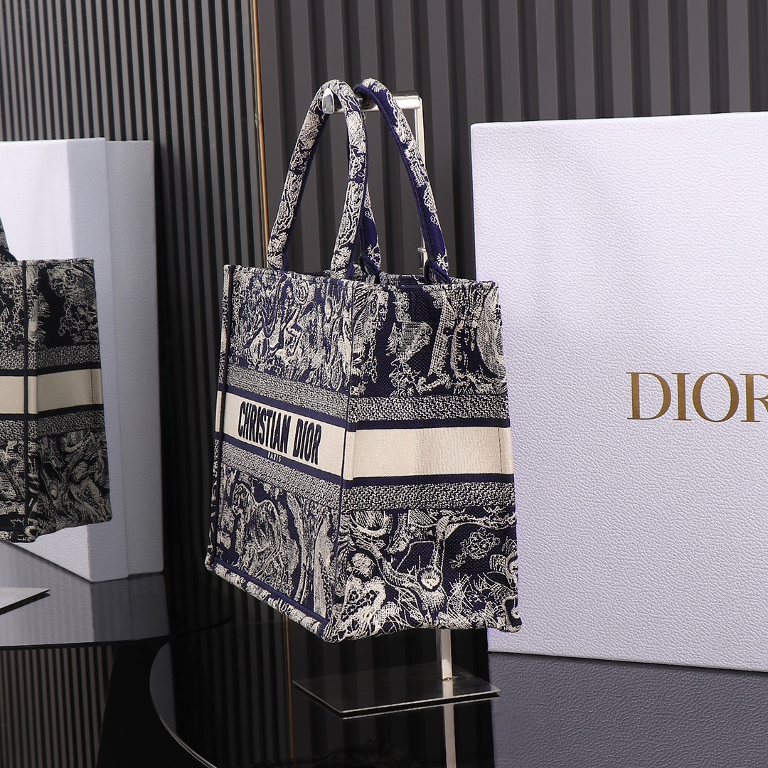 Medium D10r Book Tote  Blue and Ecru Toile de Jouy Reverse Embroidery 14 x 11 x 6.5 inches