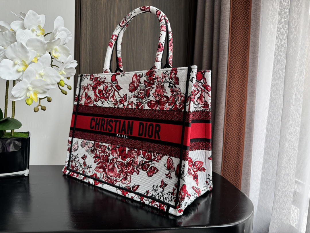 Medium D10r Book Tote  White and Red Le Cœur des Papillons Embroidery 14 x 11 x 6.5 inches