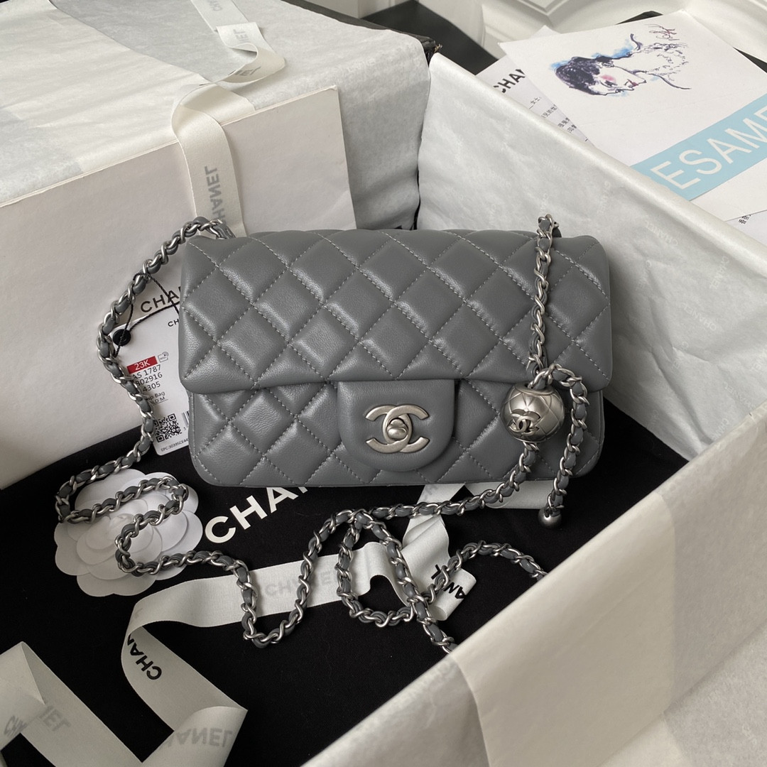 Ch**el MINI FLAP BAG SHINY CALFSKIN & SILVER-TONE METAL GRAY 4.7 × 7.8 × 2.3 in