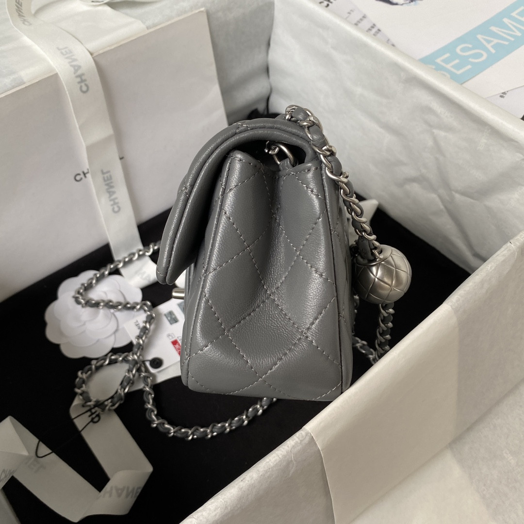 Ch**el MINI FLAP BAG SHINY CALFSKIN & SILVER-TONE METAL GRAY 4.7 × 7.8 × 2.3 in