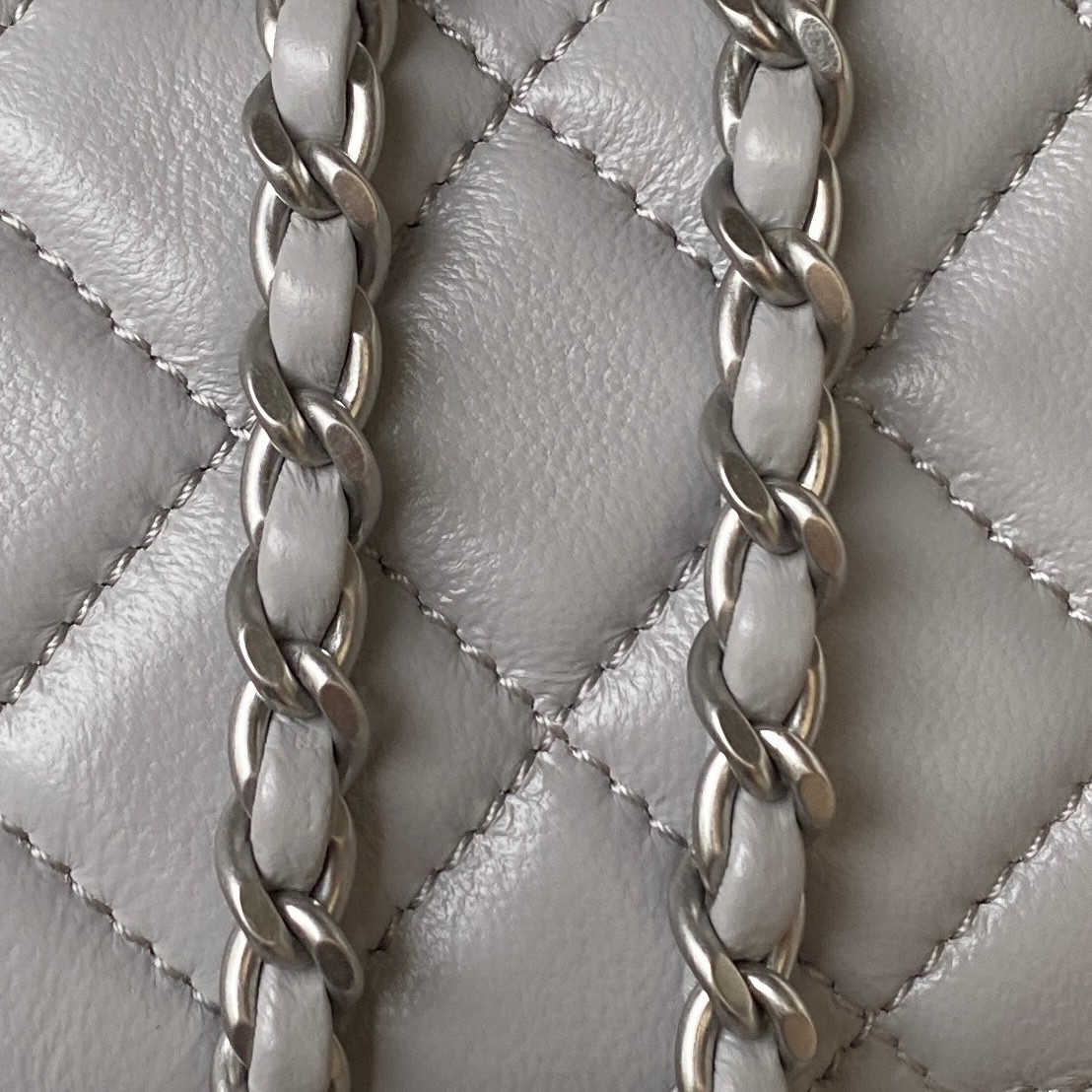 Ch**el MINI FLAP BAG SHINY CALFSKIN & SILVER-TONE METAL LIGHT GRAY 4.7 × 7.8 × 2.3 in