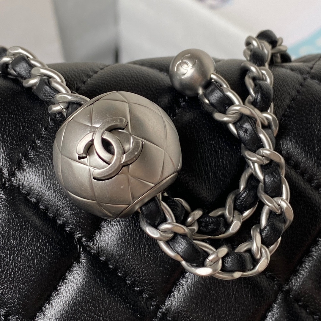 Ch**el MINI FLAP BAG SHINY CALFSKIN & SILVER-Tone METAL BLACK 5.3 × 6.6 × 3.1 in